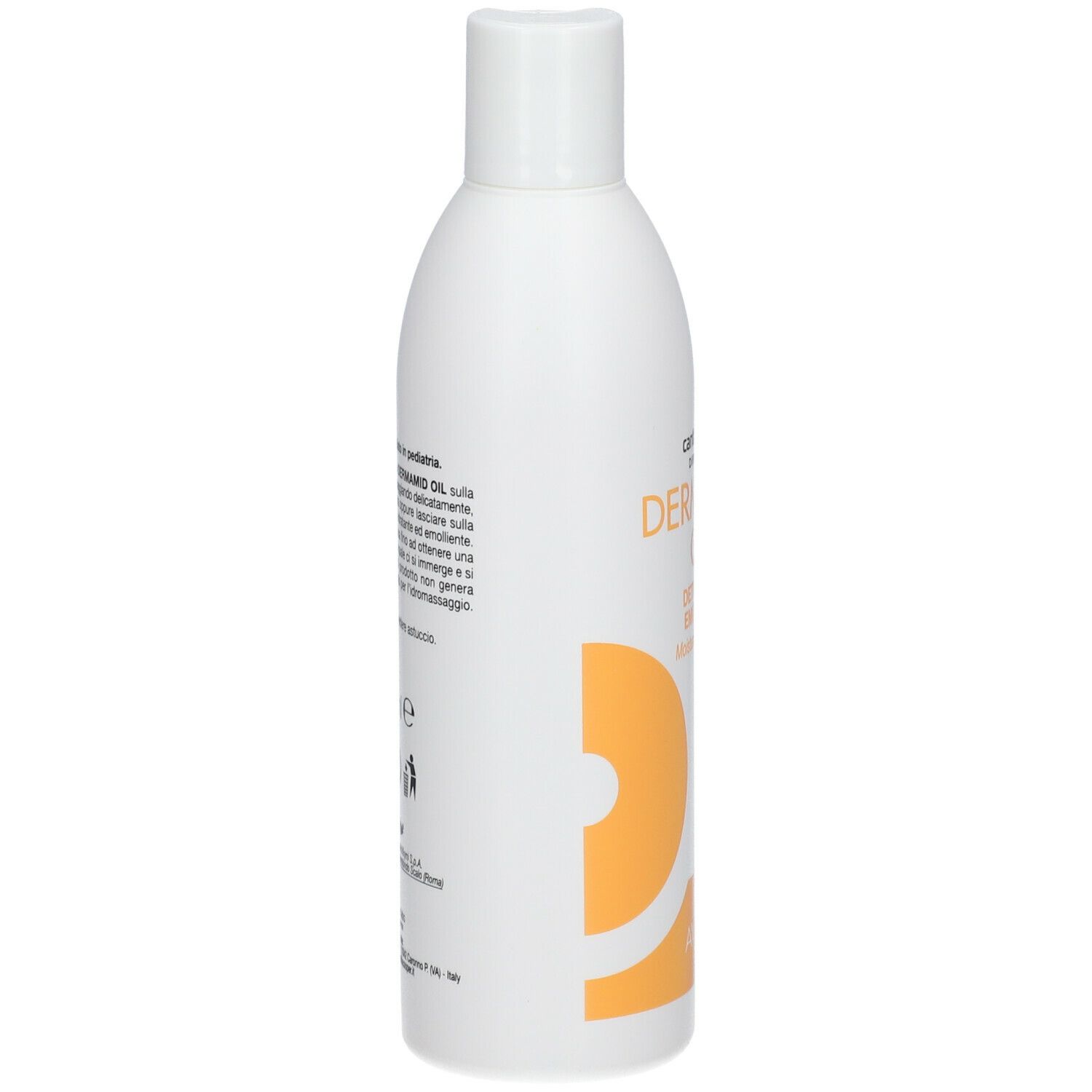 Flacone bianco con tappo a ribalta. Scritta: DERMADID OIL, Detersivo Emolliente. Grafica arancione. Marchio: Cantabria Labs.