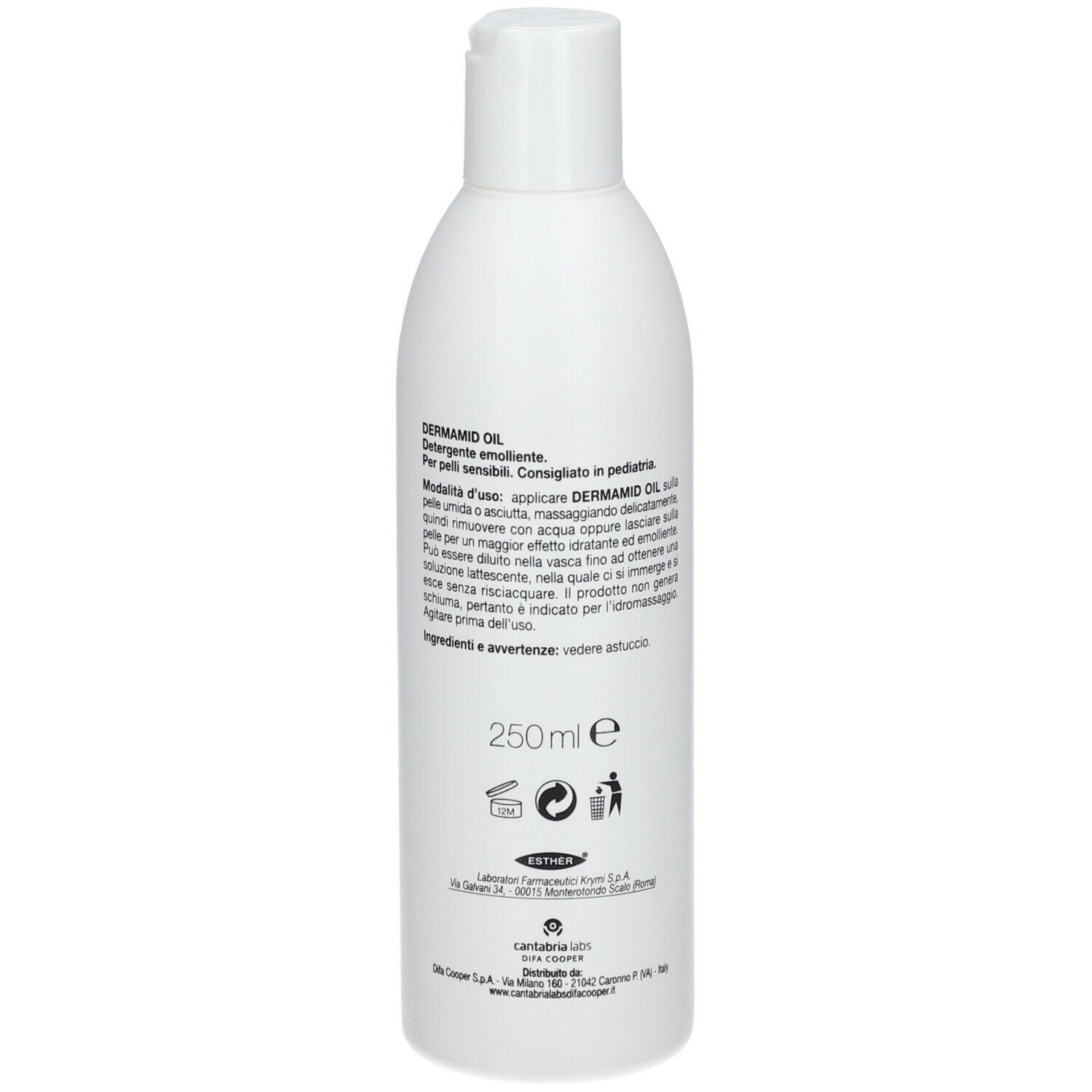Flacone bianco con tappo a ribalta. Scritta: DERMADID OIL, Detersivo Emolliente. Retro con testo e simboli. 250ml.