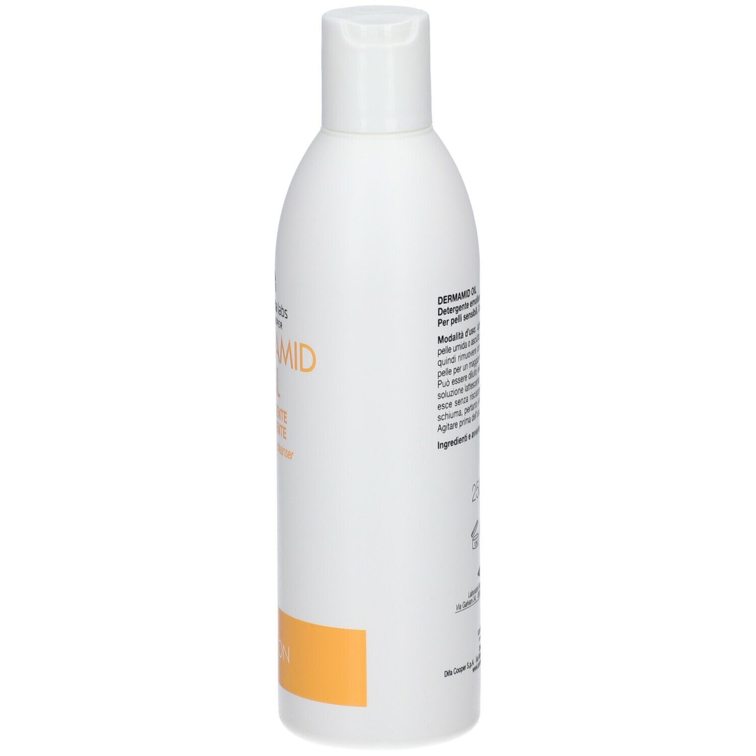 Flacone bianco con tappo a ribalta. Scritta: DERMADID OIL, Detersivo Emolliente. Retro con testo e simboli. 250ml.