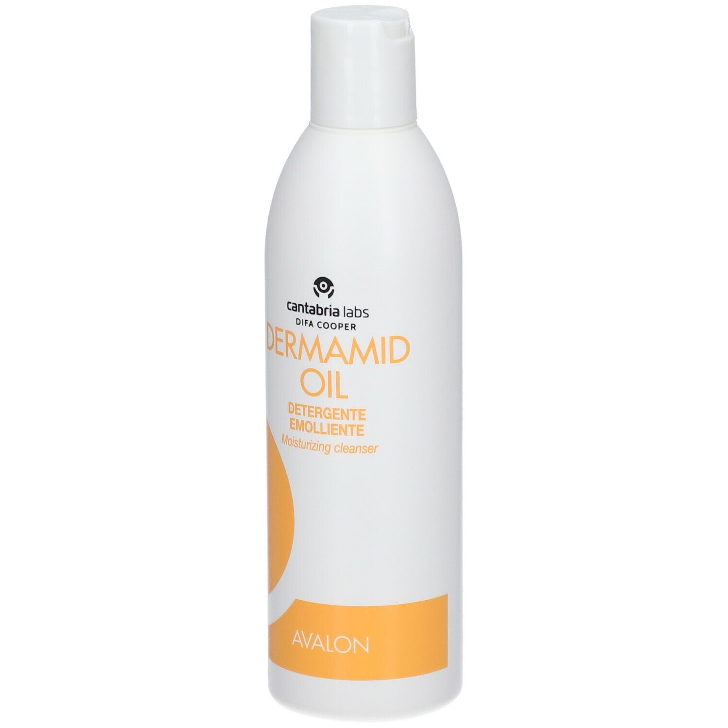 Flacone bianco con tappo a ribalta. Scritta: DERMADID OIL, Detersivo Emolliente. Grafica arancione. Marchio: Cantabria Labs.