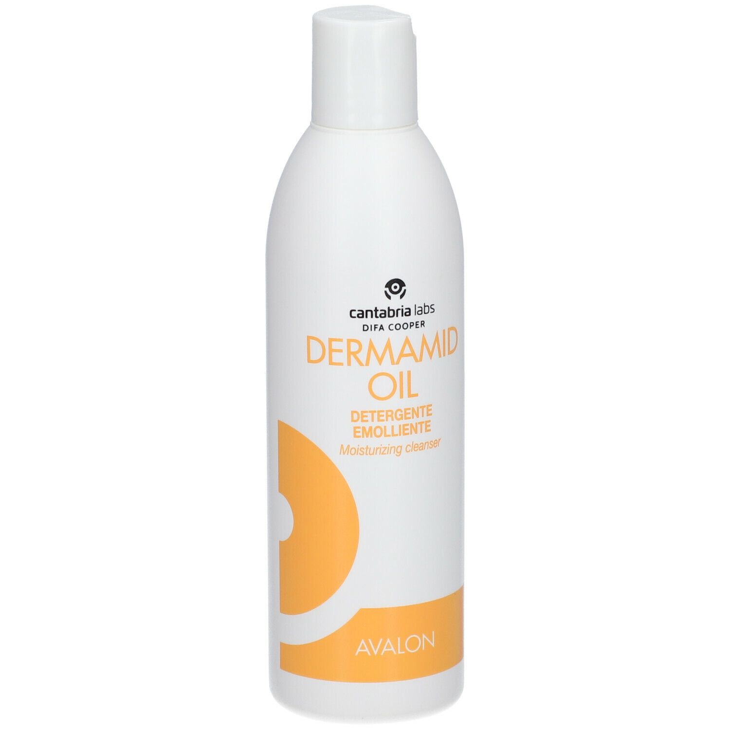 Flacone bianco con tappo a ribalta. Scritta: DERMADID OIL, Detersivo Emolliente. Grafica arancione. Marchio: Cantabria Labs.