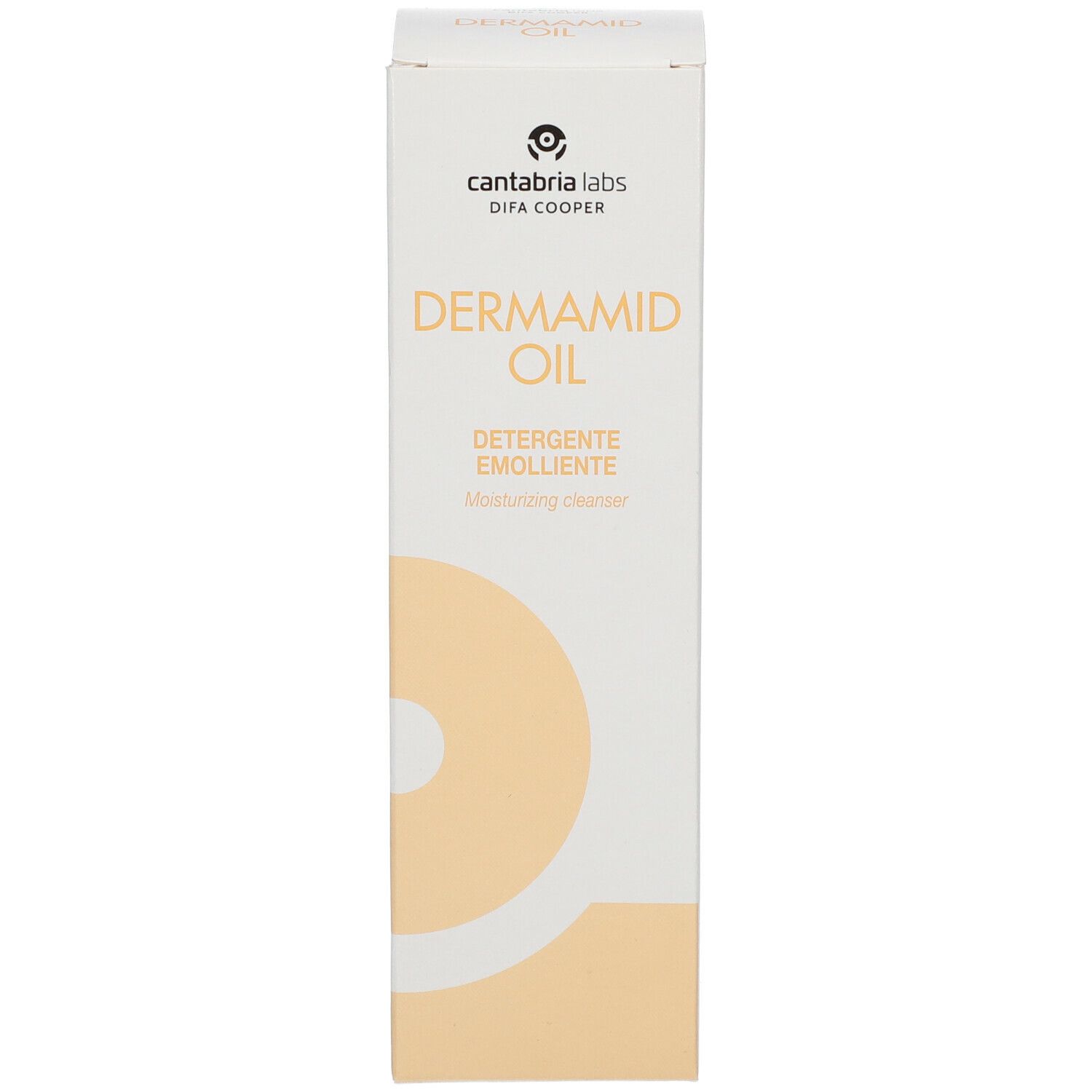 Confezione del prodotto. Scritta: DERMADID OIL, Detersivo Emolliente. Grafica arancione. Marchio: Cantabria Labs.