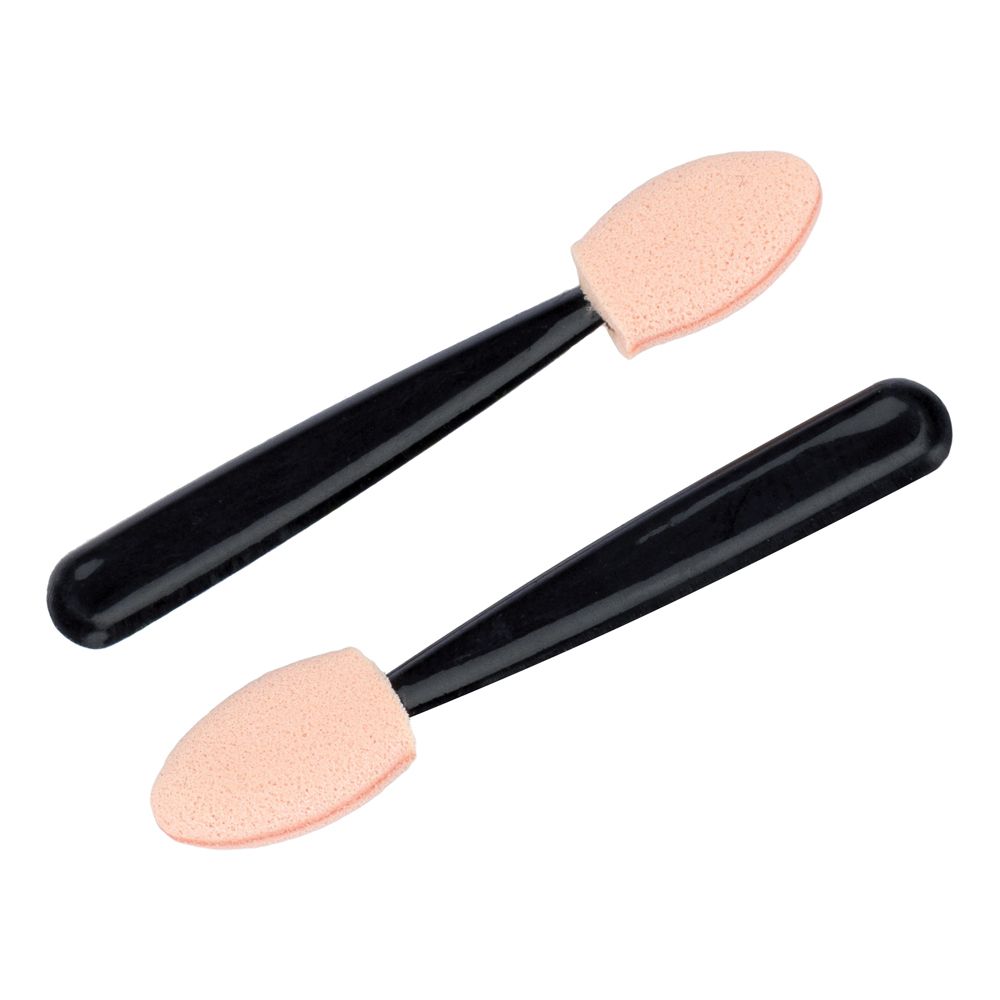 Due applicatori cosmetici. Manici neri, punte ovali in spugna rosa.