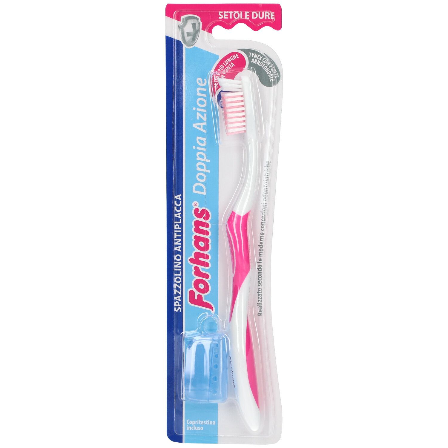 Spazzolino rosa e bianco, confezionato. Cappuccio blu. Testo: Forhans Doppia Azione.