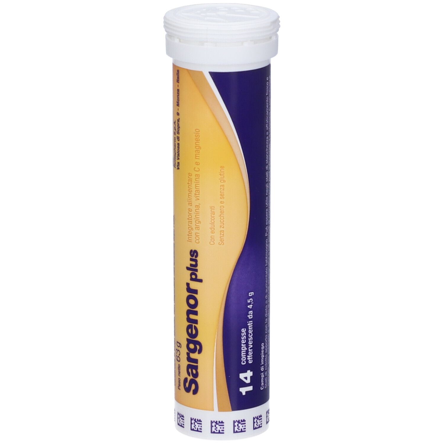 Zylindrische Tube mit SARGENOR plus. Enthält 14 Brausetabletten. Weißer Deckel. Gelb-blaue Farbgebung.