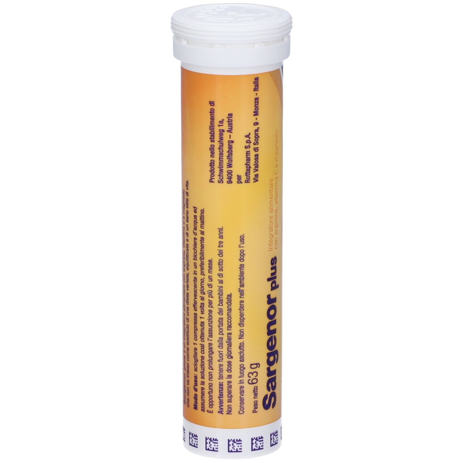 Zylindrische Tube SARGENOR plus mit 14 Brausetabletten. Gelb-blaue Farbgebung. Weißer Deckel.