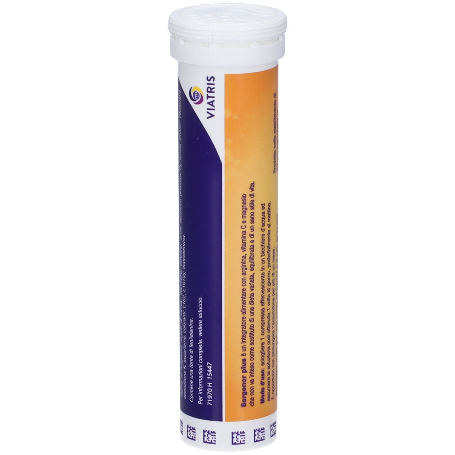 Zylindrische Tube SARGENOR plus mit 14 Brausetabletten. Gelb-blaue Farbgebung. Weißer Deckel.