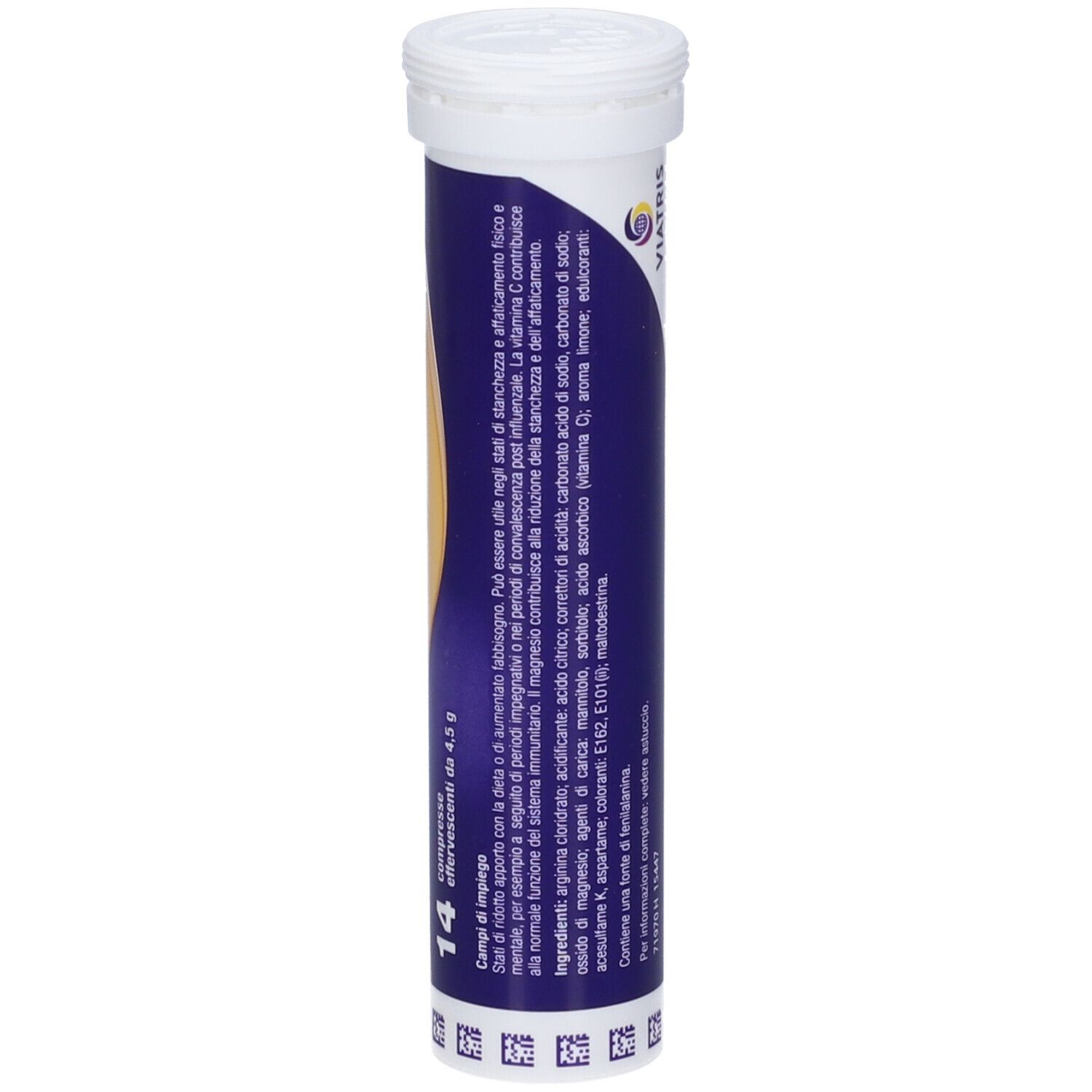 Zylindrische Tube SARGENOR plus mit 14 Brausetabletten. Gelb-blaue Farbgebung. Weißer Deckel.