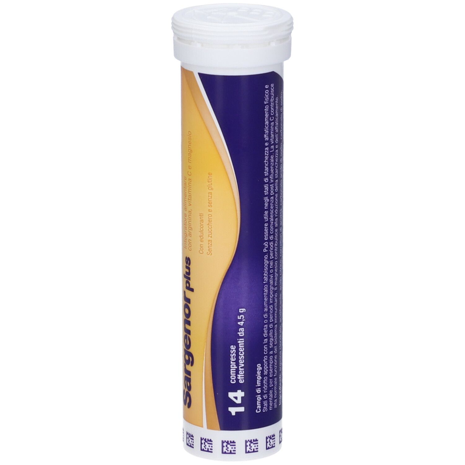 Zylindrische Tube SARGENOR plus mit 14 Brausetabletten. Gelb-blaue Farbgebung. Weißer Deckel.