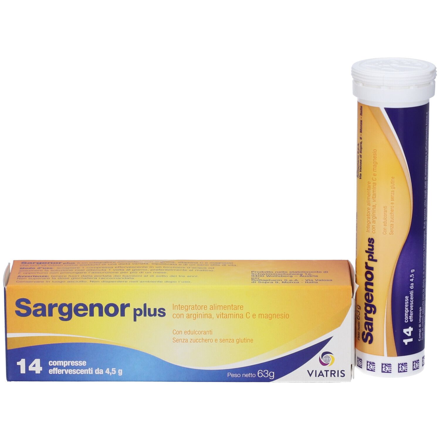 SARGENOR plus-Packung und Tube. Packung: gelb, mit Text. Tube: zylindrisch, gelb-blau, mit 14 Tabletten.