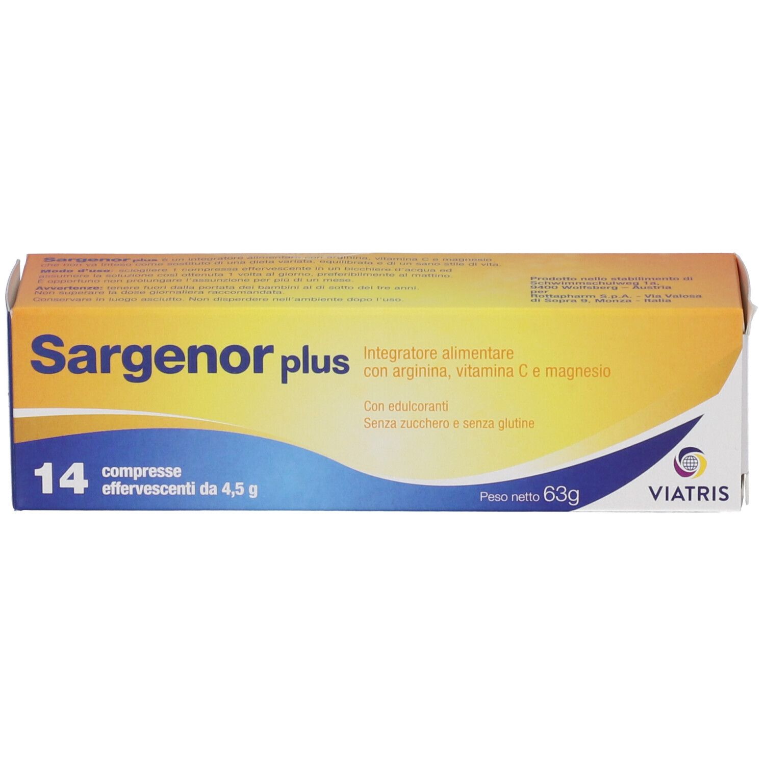 Gelbe Schachtel mit SARGENOR plus-Logo und Text. Enthält 14 Brausetabletten. Marke Viatris.