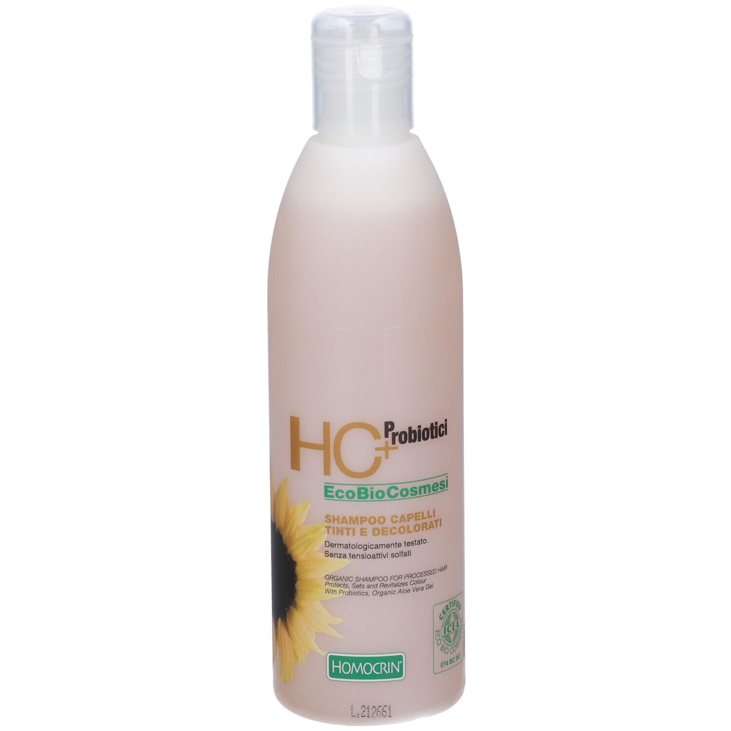 Flacone di shampoo. Tappo bianco, liquido rosa. Testo: HC+ Probiotici, EcoBioCosmesi, Shampoo Capelli Tinti e Decolorati.