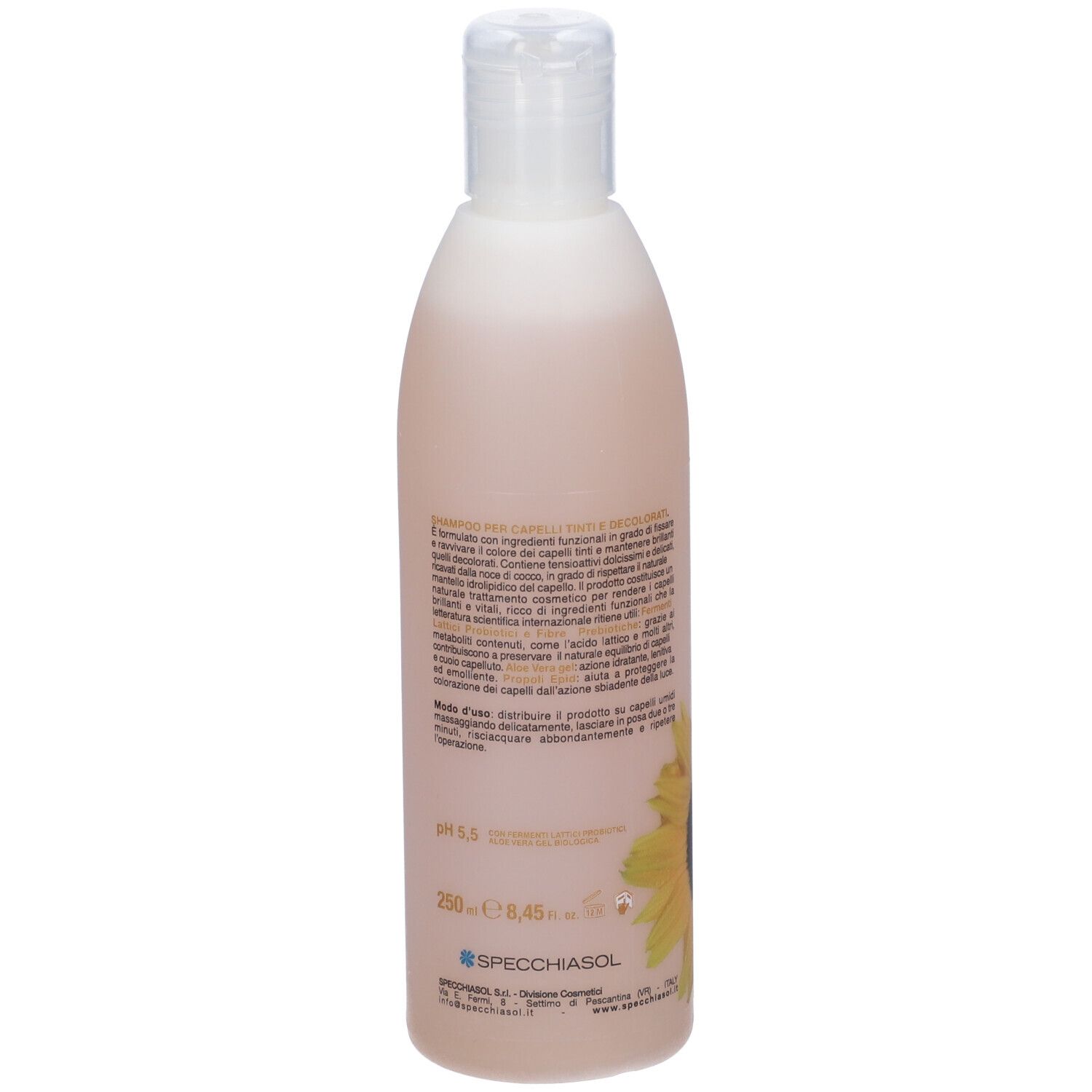 Flacone di shampoo, retro. Tappo bianco, liquido rosa. Testo e informazioni sul retro.