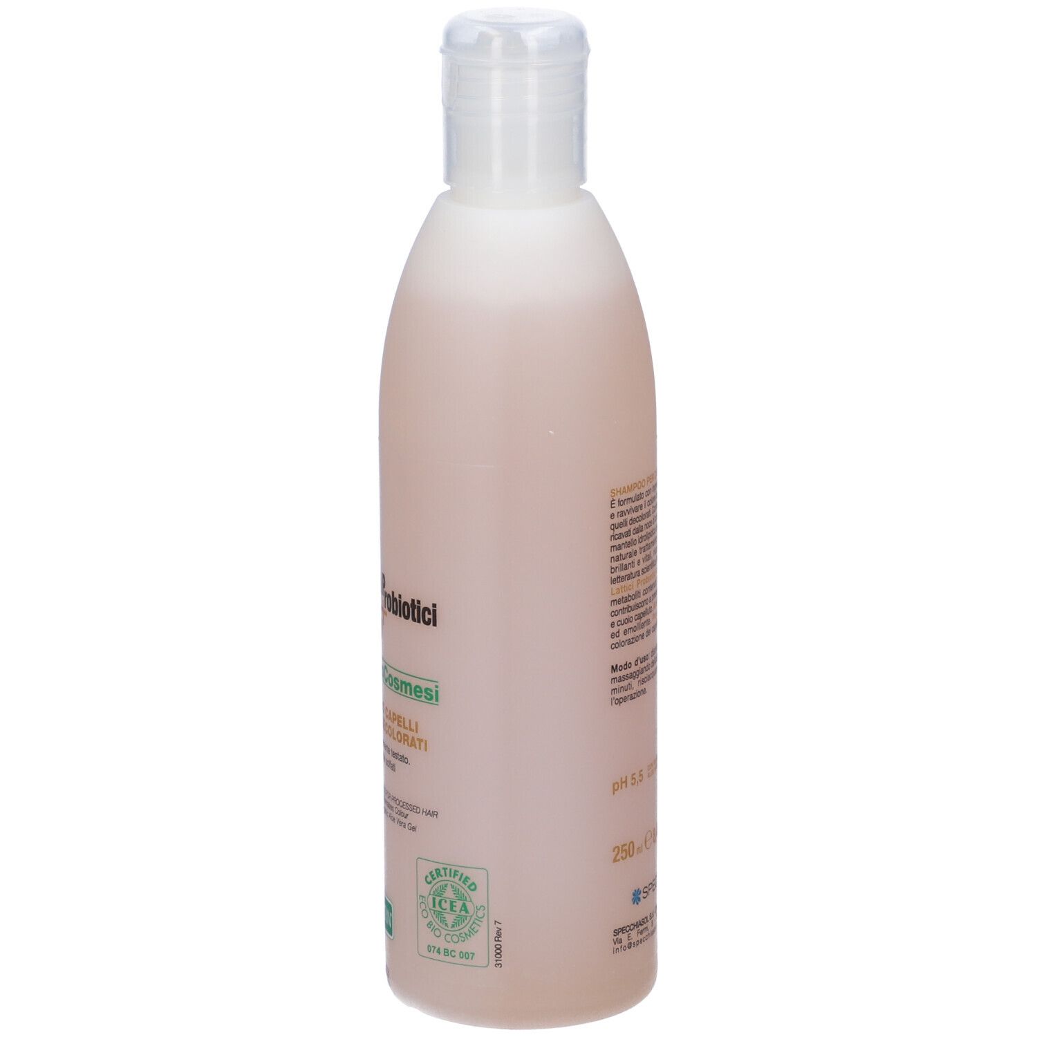 Flacone di shampoo, vista laterale. Tappo bianco, liquido rosa. Testo: HC+ Probiotici, EcoBioCosmesi, Shampoo Capelli Tinti e Decolorati.