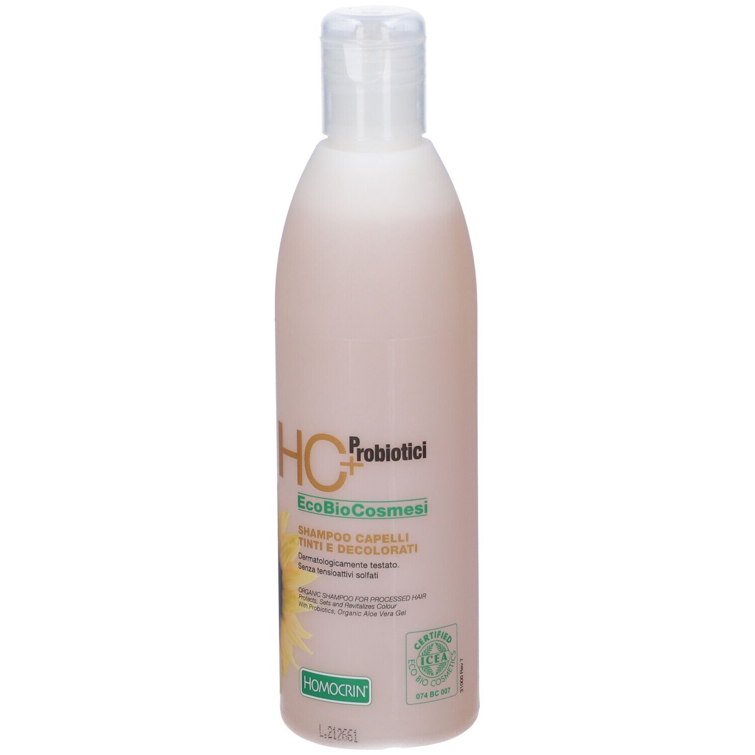 Flacone di shampoo. Tappo bianco, liquido rosa. Testo: HC+ Probiotici, EcoBioCosmesi, Shampoo Capelli Tinti e Decolorati.