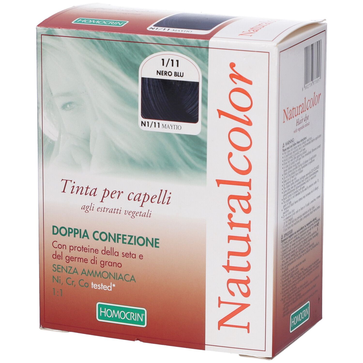 Scatola di tinta per capelli. Naturalcolor, 1/11 Nero Blu. Testo: Tinta per capelli, Doppia confezione. Marchio: Homocrin.
