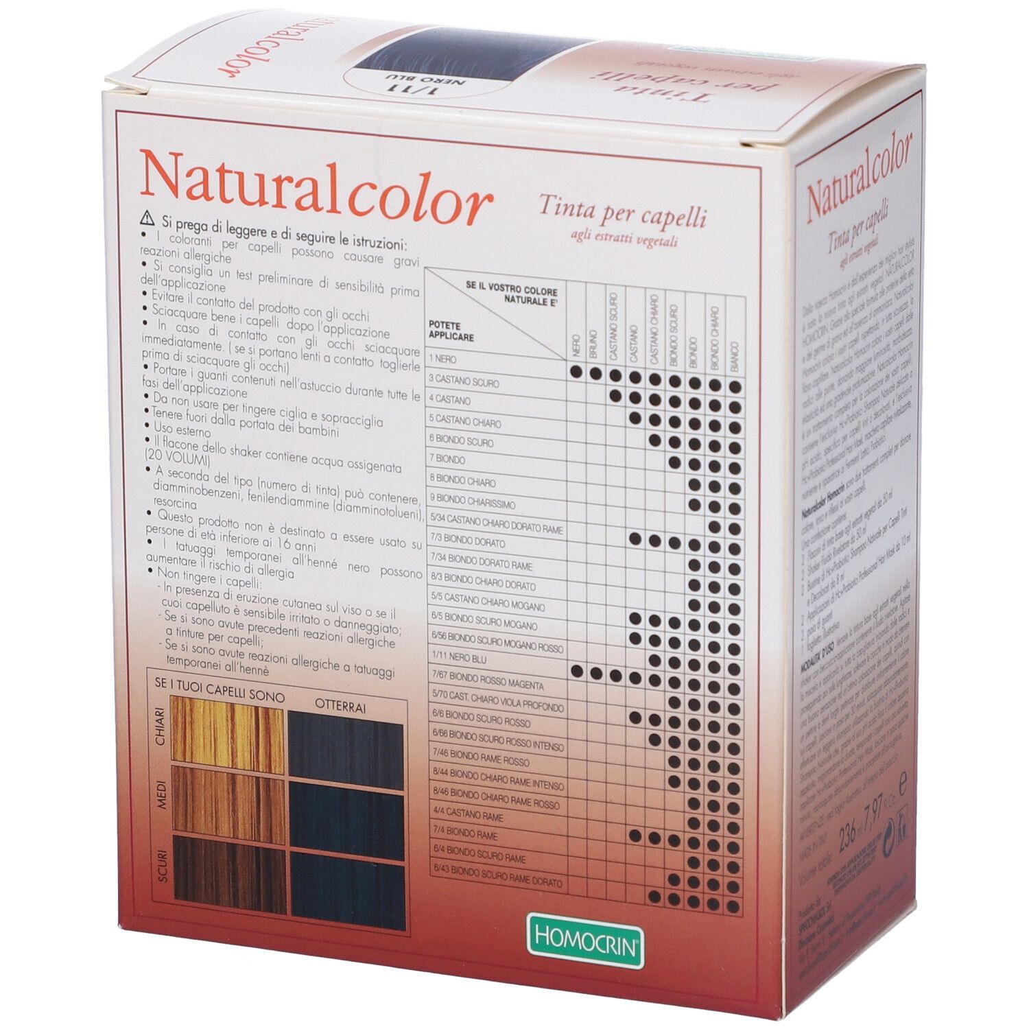 Scatola di tinta per capelli. Naturalcolor, 1/11 Nero Blu. Testo: Tinta per capelli, Doppia confezione. Marchio: Homocrin.