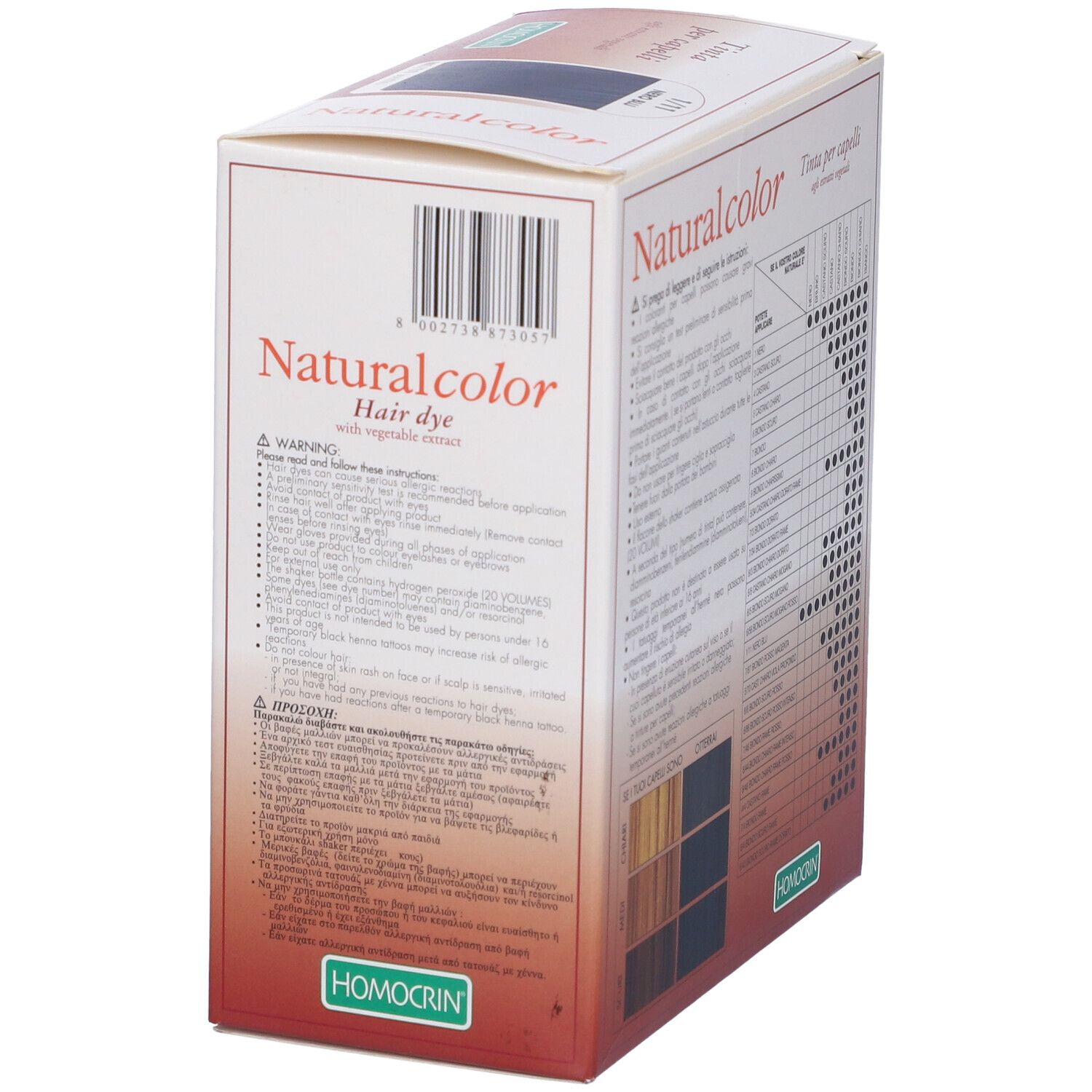 Scatola di tinta per capelli. Logo Naturalcolor. Testo: Tinta per capelli, Doppia confezione. Marchio: Homocrin.
