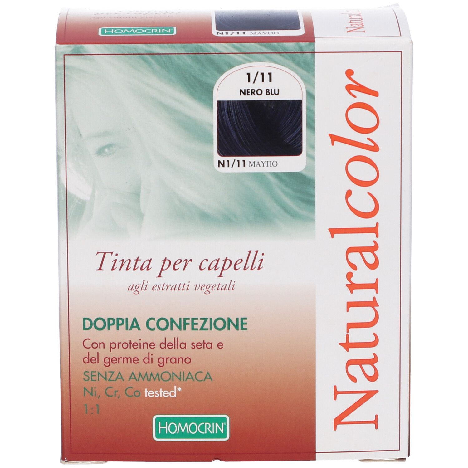 Scatola di tinta per capelli. Logo Naturalcolor. Testo: Hair dye with vegetable extract. Marchio: Homocrin.