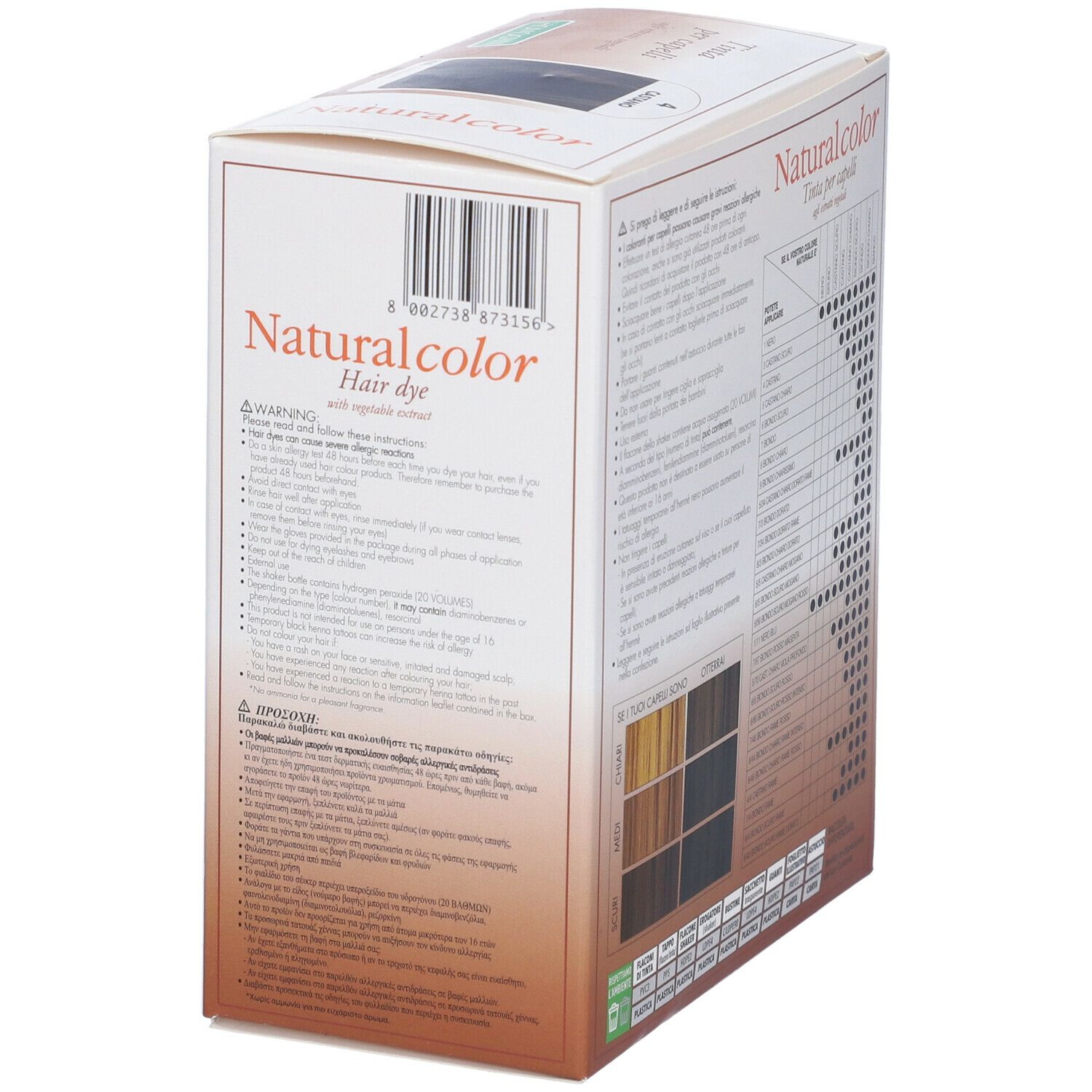 Lato della confezione HOMOCRIN Naturalcolor Hair dye. Codice a barre. Testo: Naturalcolor Hair dye, with vegetable extracts.
