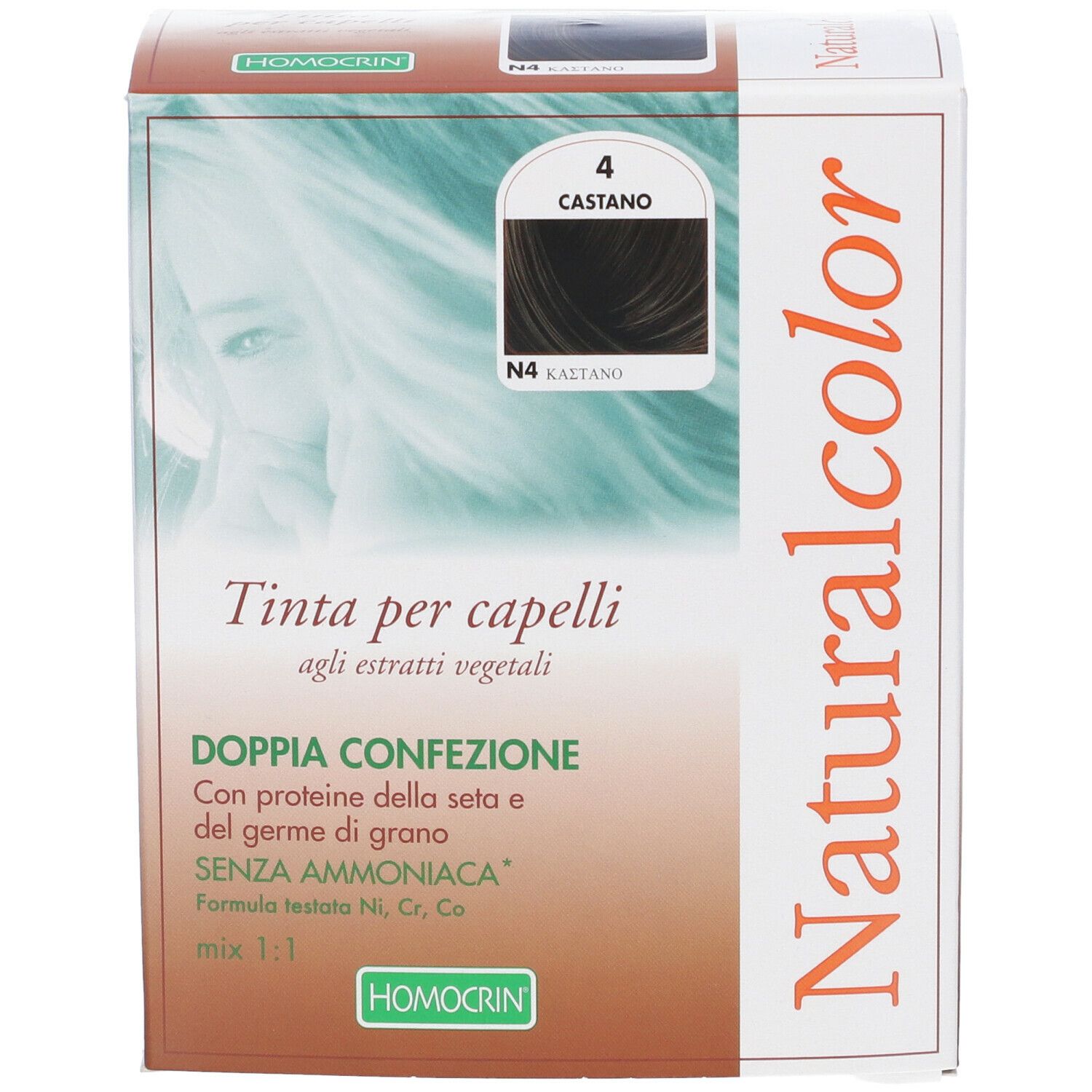 Confezione HOMOCRIN Naturalcolor Tinta per Capelli 4 Castano. Scritte: 4 Castano, N4, Tinta per capelli, DOPPIA CONFEZIONE, SENZA AMMONIACA.