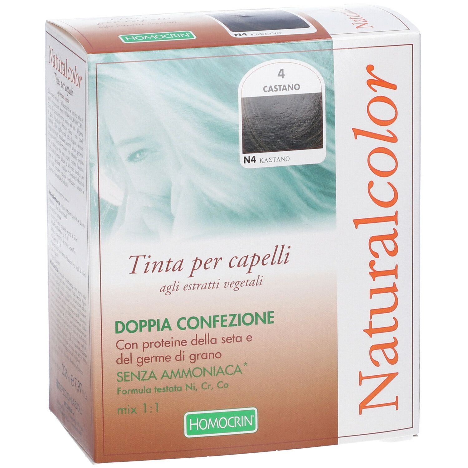 Confezione HOMOCRIN Naturalcolor Tinta per Capelli 4 Castano. Scritte: 4 Castano, N4, Tinta per capelli, DOPPIA CONFEZIONE, SENZA AMMONIACA.