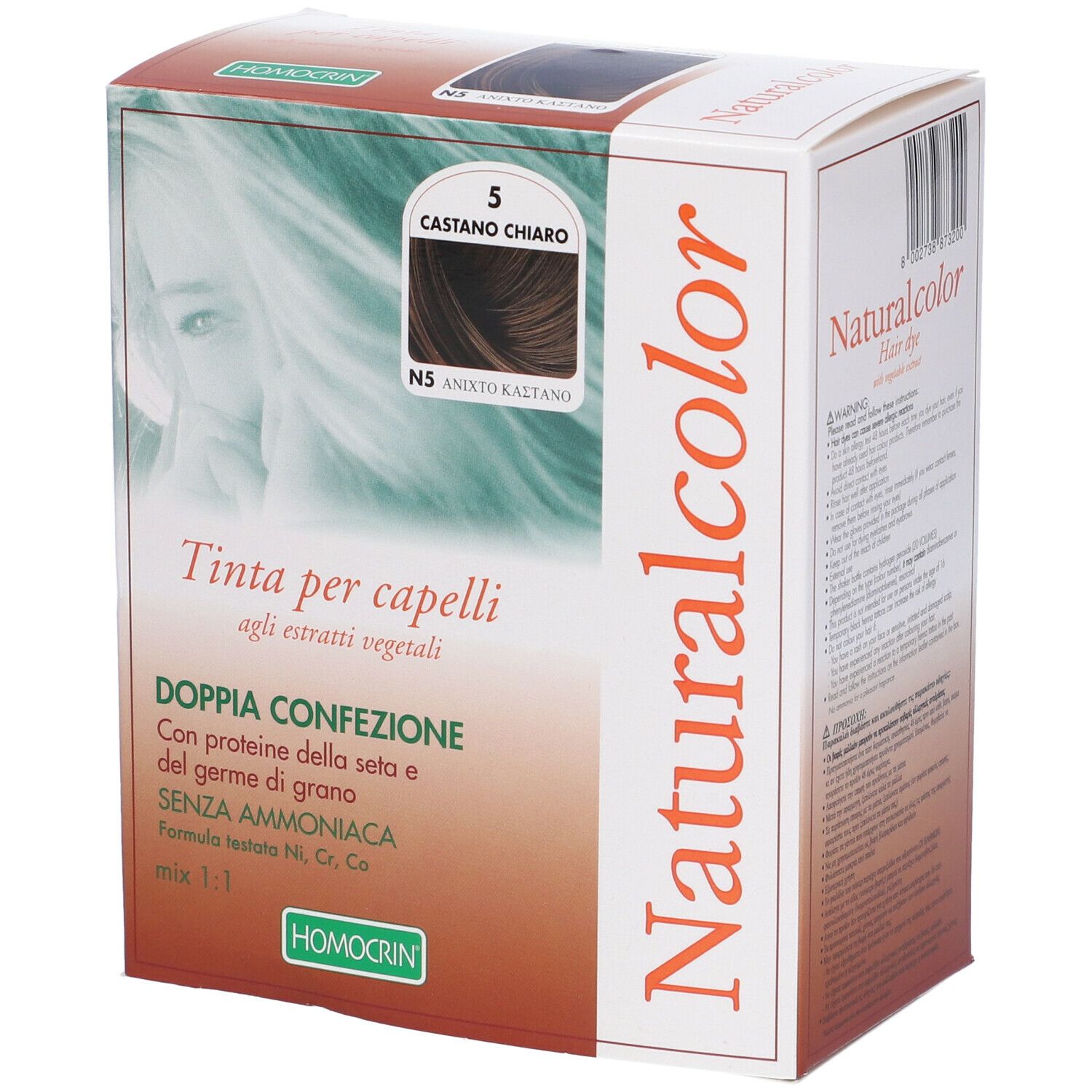 Confezione HOMOCRIN Naturalcolor. Scritto: Tinta per capelli, colore 5 Castano Chiaro. Contiene estratti vegetali.