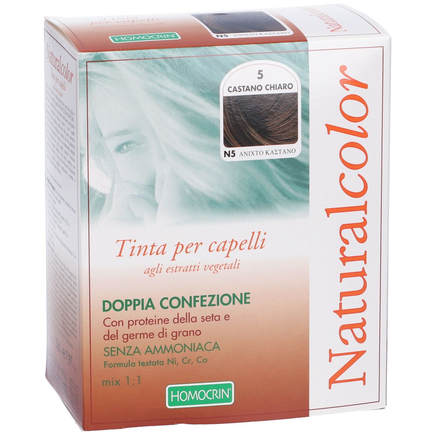 Vista frontale della confezione HOMOCRIN Naturalcolor. Testo: Tinta per capelli, colore 5 Castano Chiaro. Contiene estratti vegetali.