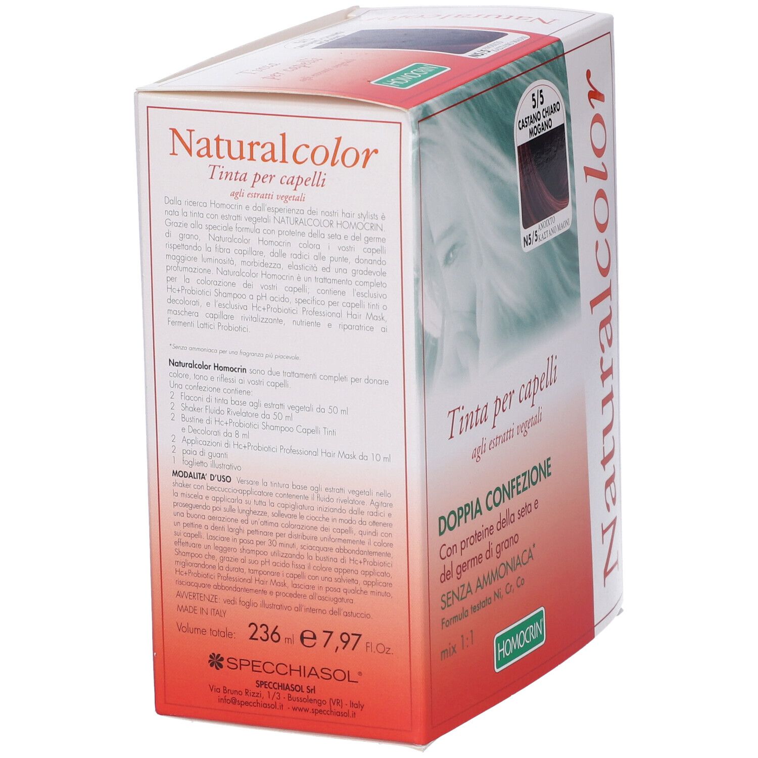 Confezione di tinta per capelli Naturalcolor, tonalità 5/5 Castano Chiaro Mogano. Testo in italiano.
