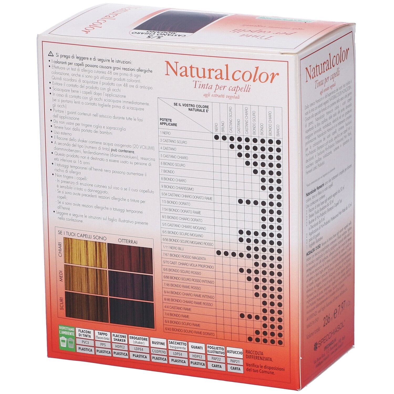Confezione di tinta per capelli Naturalcolor, tonalità 5/5 Castano Chiaro Mogano. Testo in italiano.