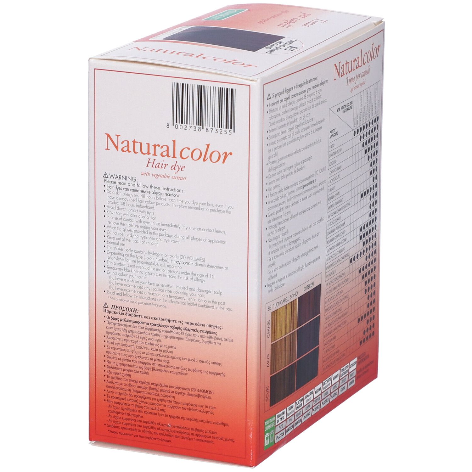 Confezione di tinta per capelli Naturalcolor, testo in italiano. Retro con tabella colori.