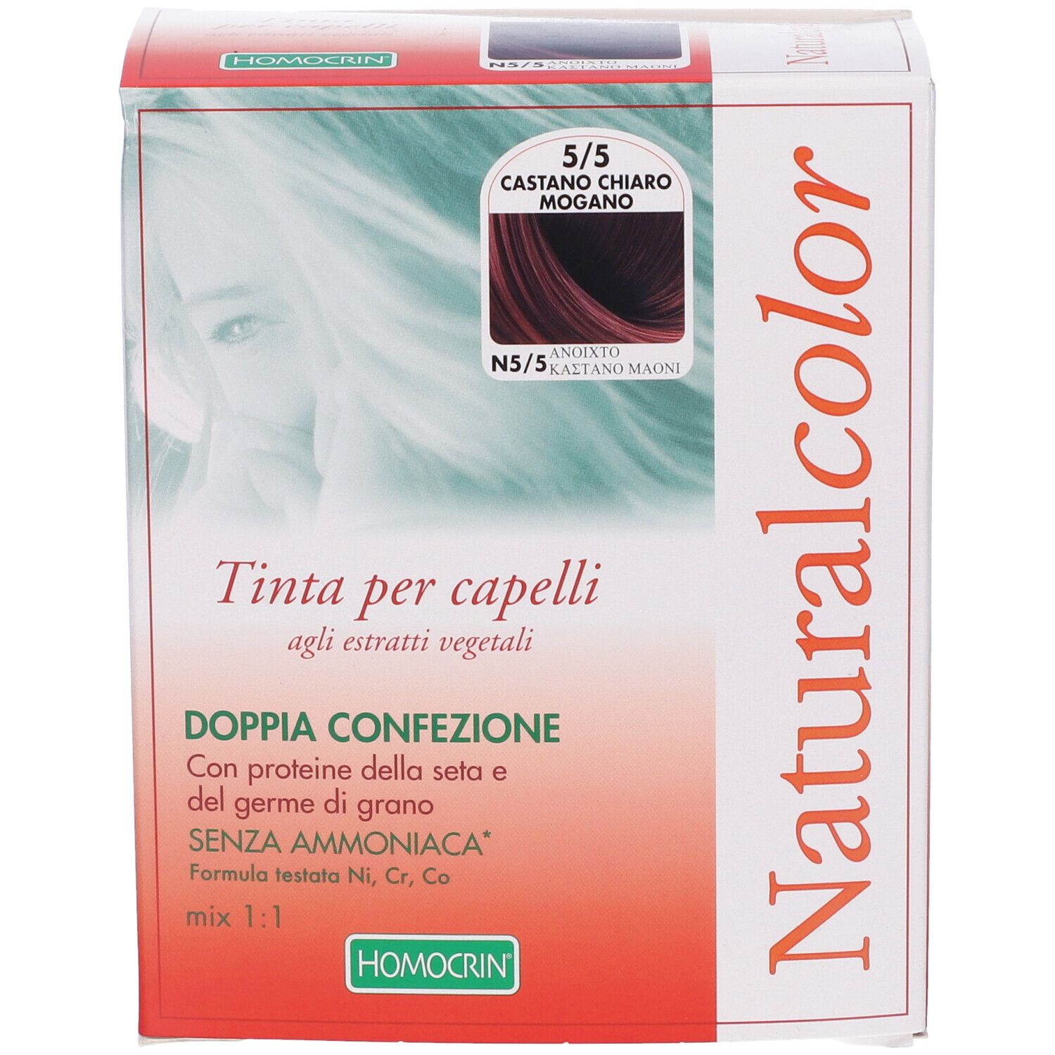 Confezione di tinta per capelli Naturalcolor, testo in italiano. Avvertenze.