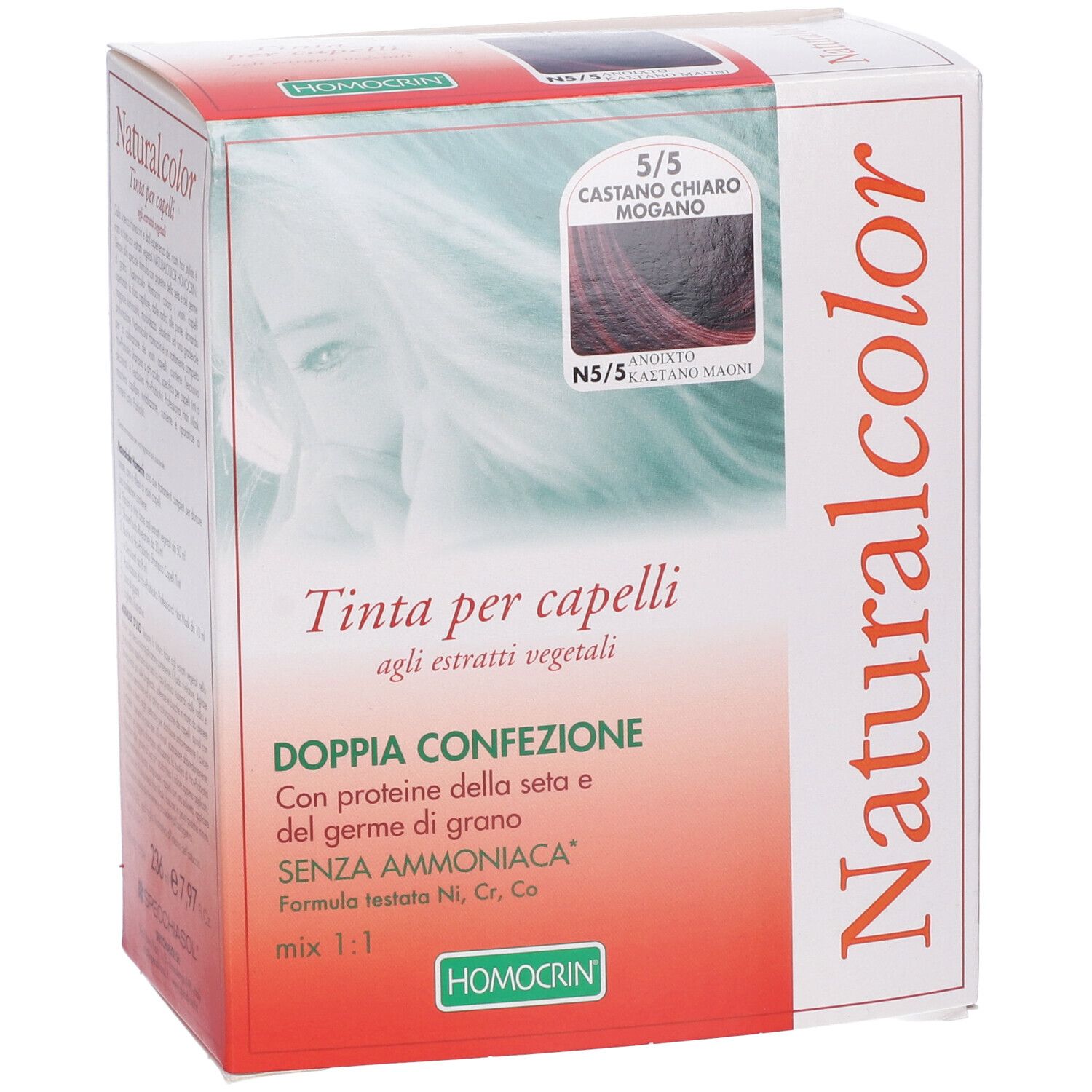 Confezione di tinta per capelli Naturalcolor, tonalità 5/5 Castano Chiaro Mogano. Testo in italiano.