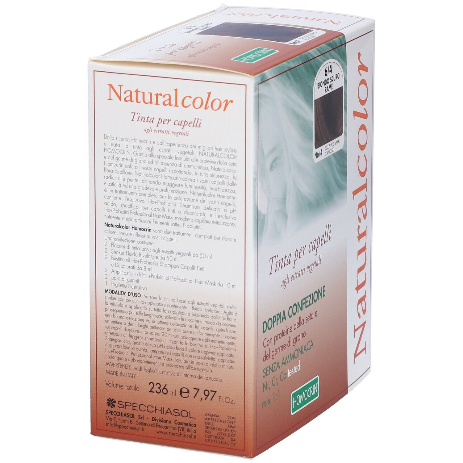Confezione Naturalcolor tinta per capelli 6/4 Biondo Scuro Rame. Retro con testo e ingredienti.