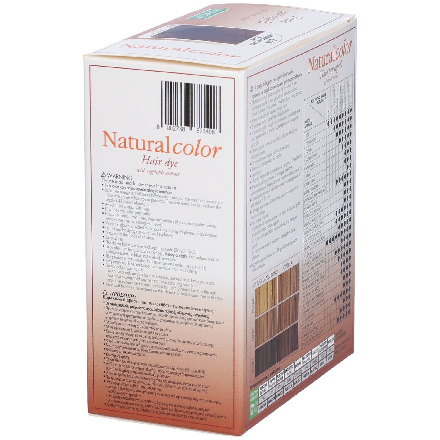 Confezione Naturalcolor tinta per capelli. Lato con codice a barre e avvertenze.
