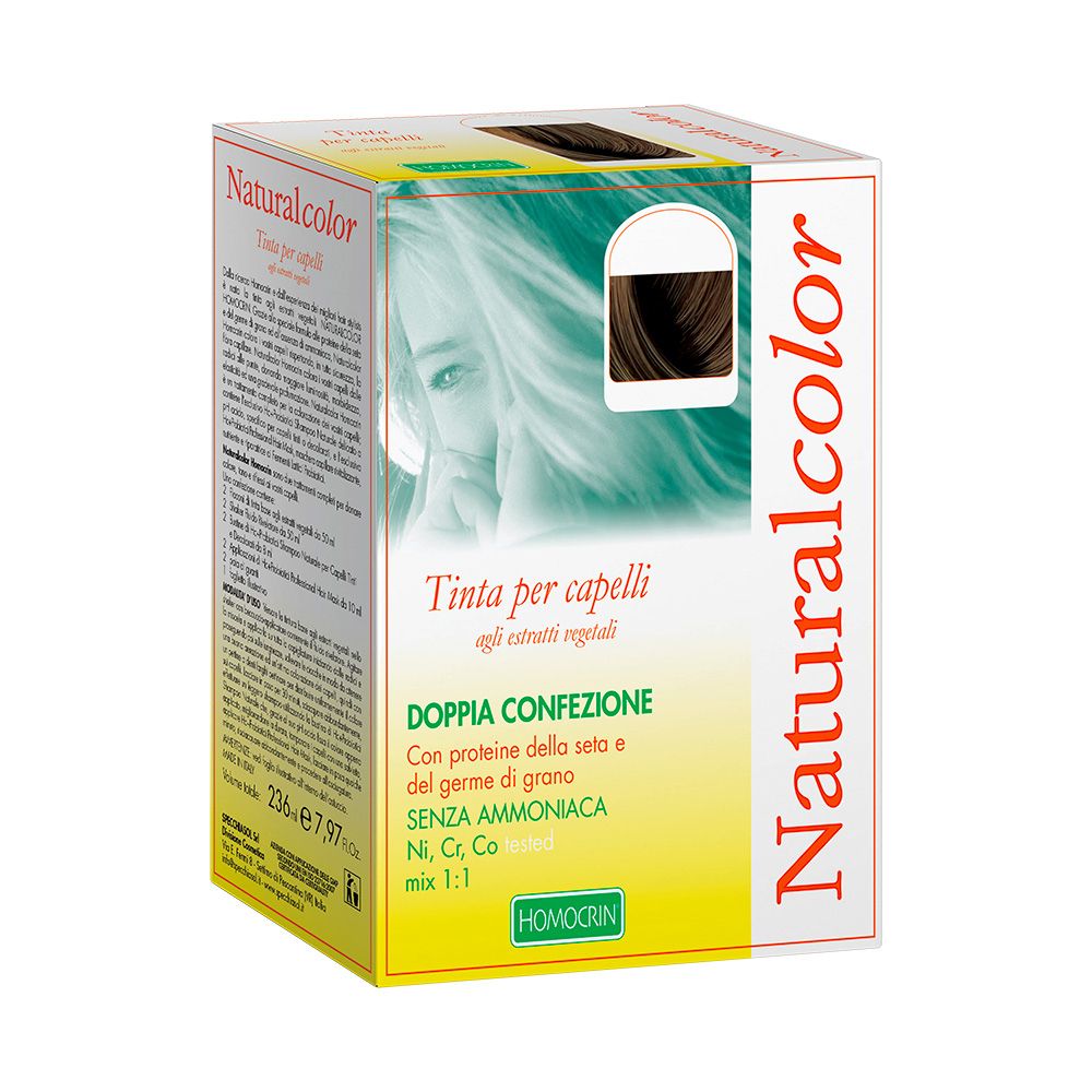 Confezione di tinta per capelli Naturalcolor. Scritta Tinta per capelli. Doppia confezione. Marchio Homocrin.