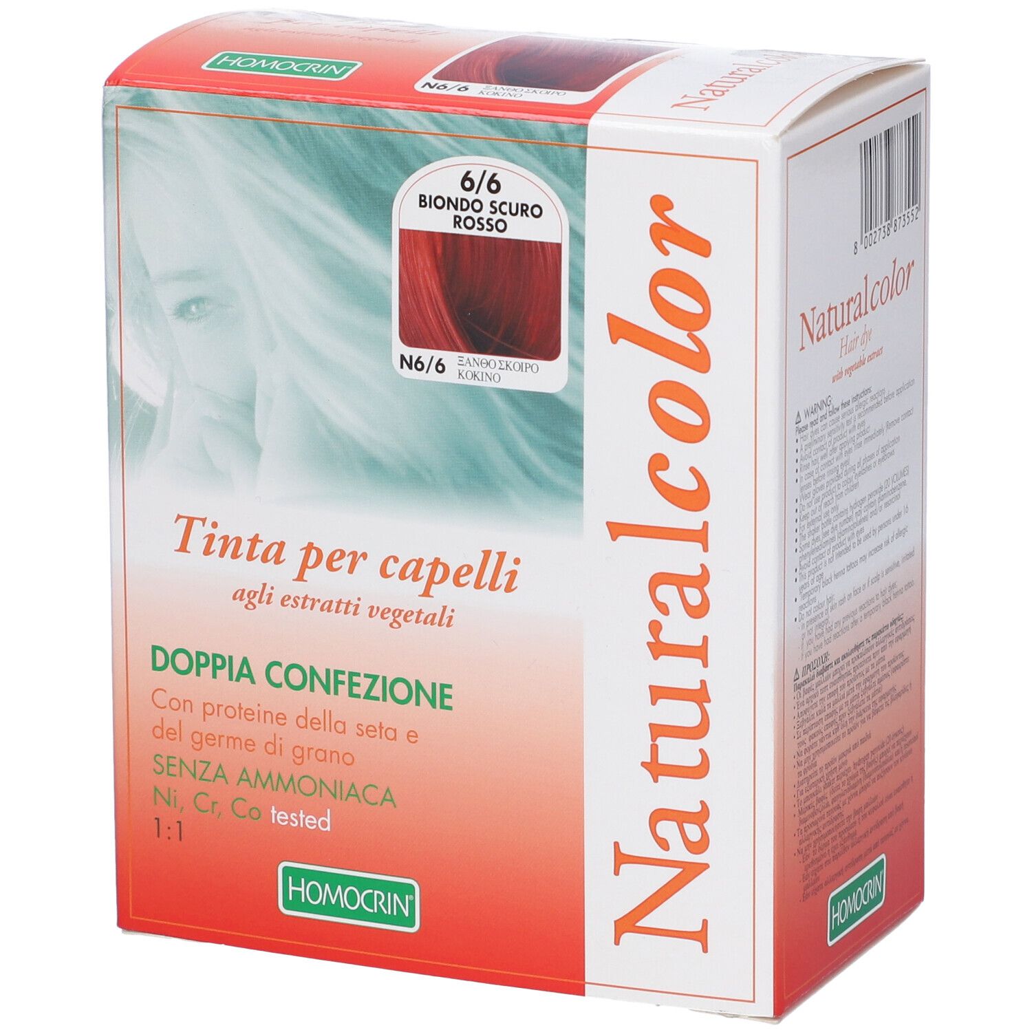Scatola di tinta per capelli Naturalcolor, 6/6 Biondo Scuro Rosso, Homocrin. Esempio di colore. Doppia confezione.
