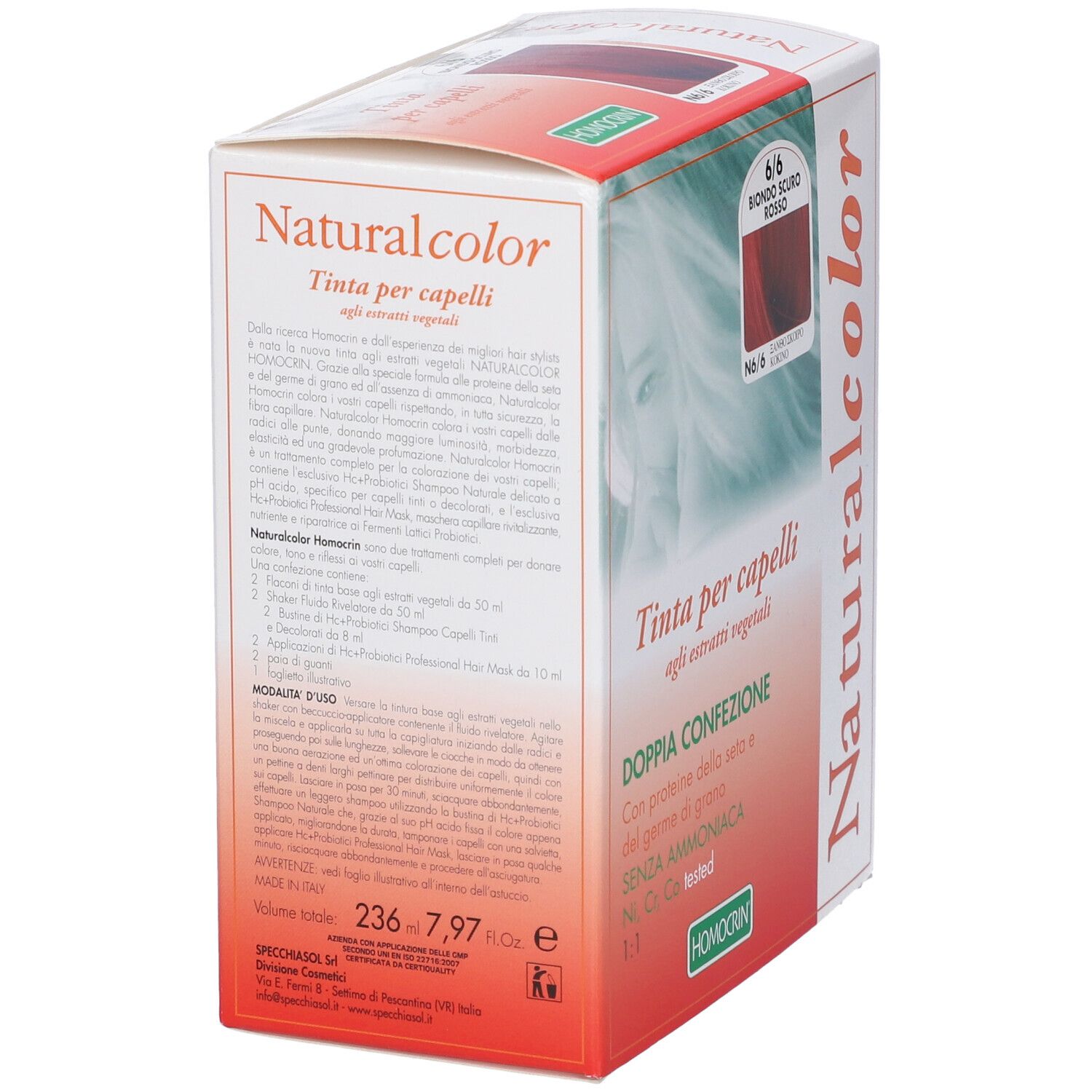 Scatola di tinta per capelli Naturalcolor, 6/6 Biondo Scuro Rosso, Homocrin. Esempio di colore. Doppia confezione.