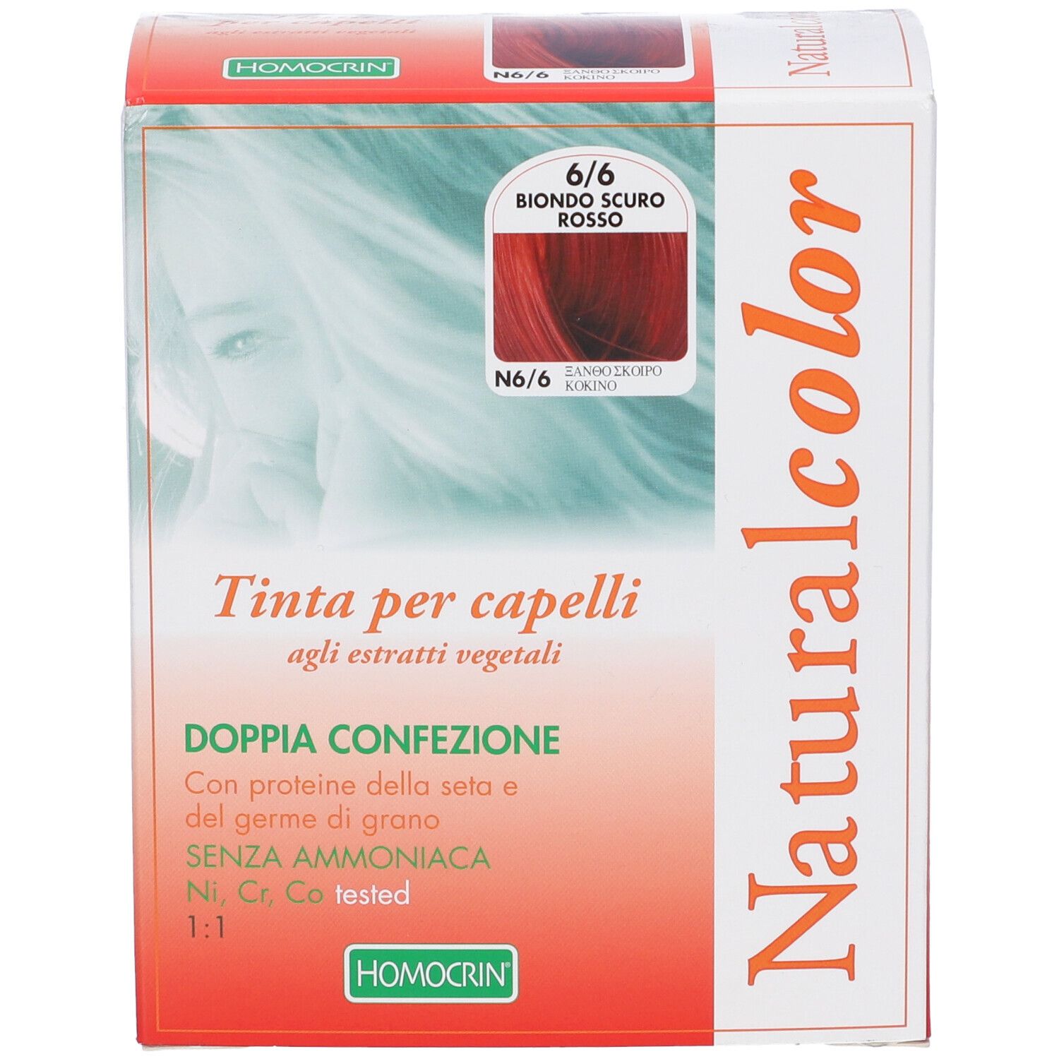 Scatola di tinta per capelli Naturalcolor, 6/6 Biondo Scuro Rosso, Homocrin. Esempio di colore. Doppia confezione.