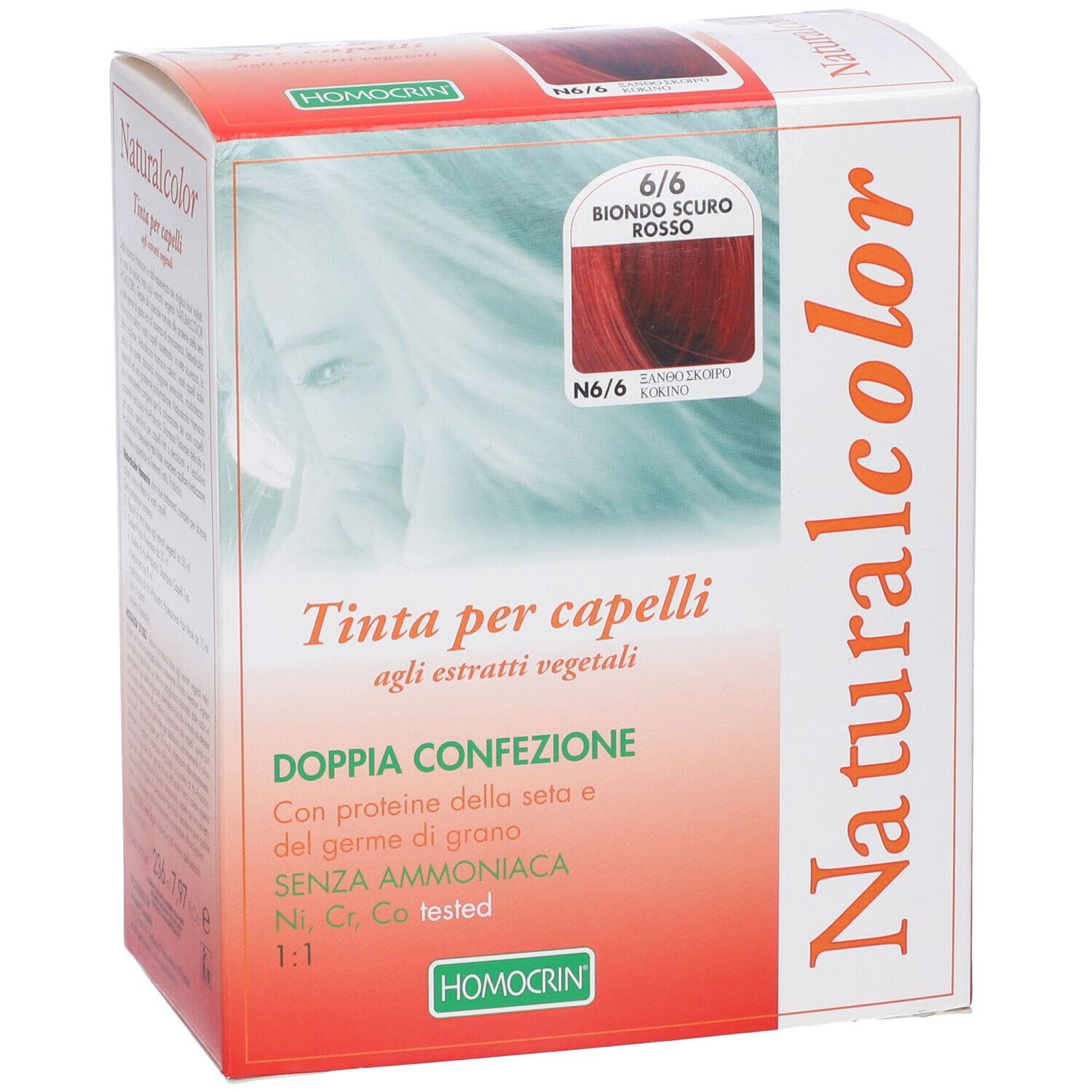 Scatola di tinta per capelli Naturalcolor, 6/6 Biondo Scuro Rosso, Homocrin. Esempio di colore. Doppia confezione.