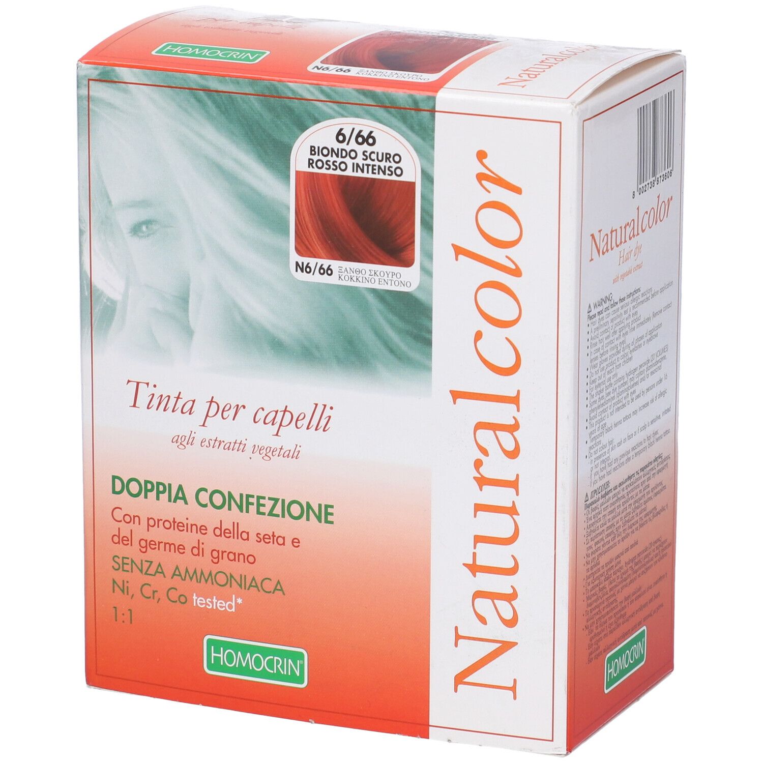 Scatola di tintura per capelli. Logo Naturalcolor. Immagine colore: 6/66, Biondo scuro rosso intenso. Testo: Tinta per capelli, Homocrin.