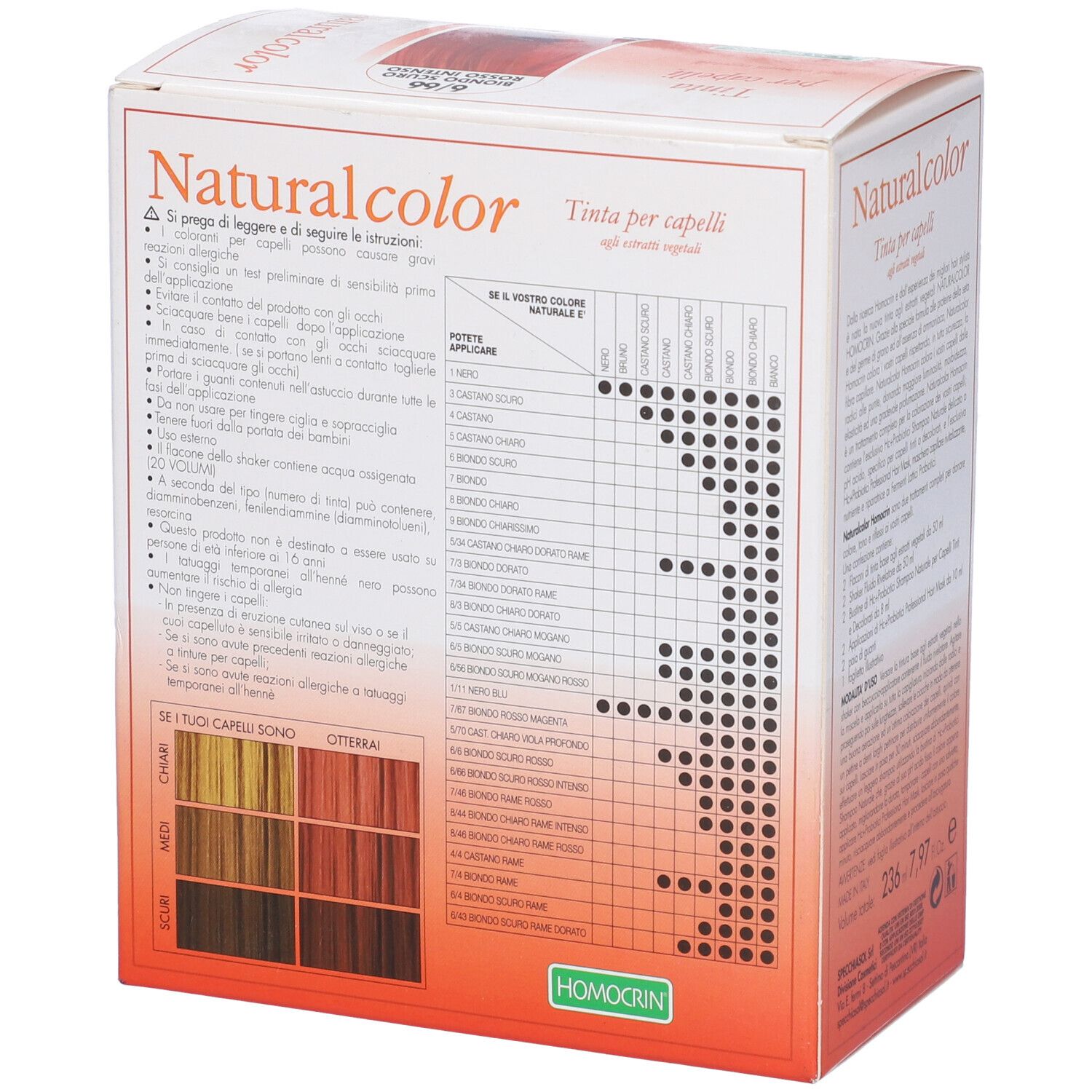 Scatola di tintura per capelli. Logo Naturalcolor. Testo: Tinta per capelli. Tabella colori con esempi. Homocrin.