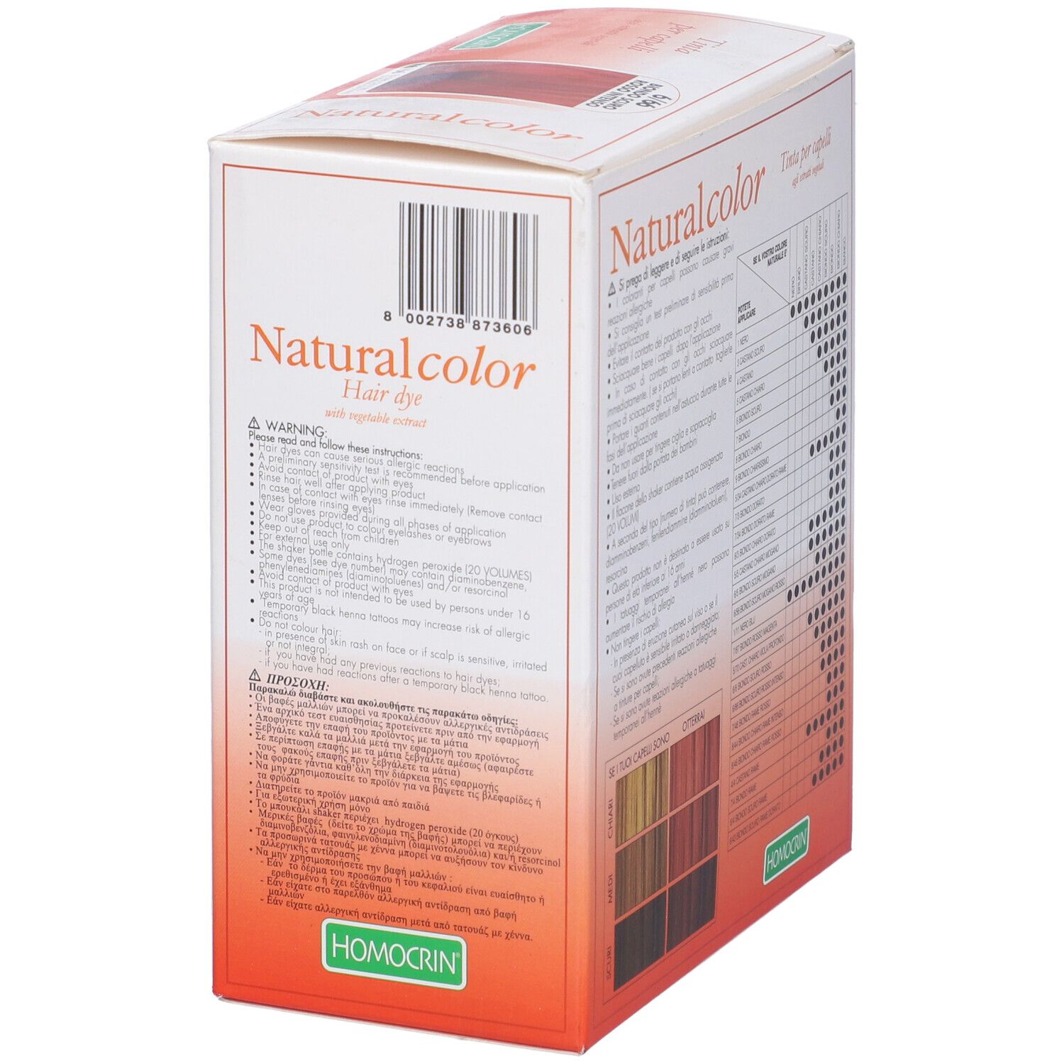 Scatola di tintura per capelli. Logo Naturalcolor. Testo: Hair dye, Homocrin. Retro con testo e codice a barre.