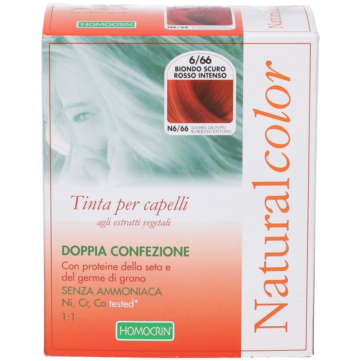 Scatola di tintura per capelli. Logo Naturalcolor. Immagine colore: 6/66, Biondo scuro rosso intenso. Testo: Tinta per capelli, Homocrin.