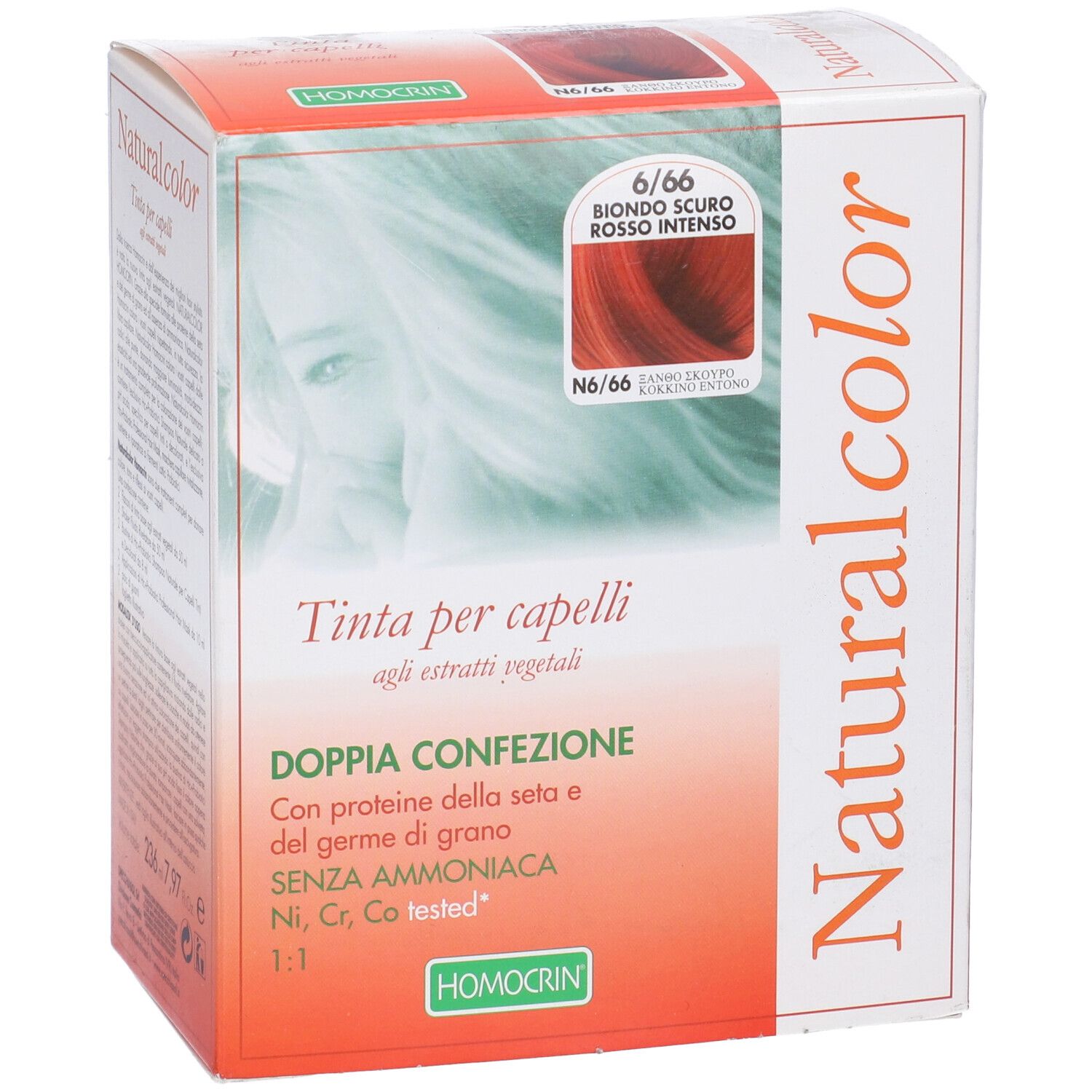 Scatola di tintura per capelli. Logo Naturalcolor. Immagine colore: 6/66, Biondo scuro rosso intenso. Testo: Tinta per capelli, Homocrin.
