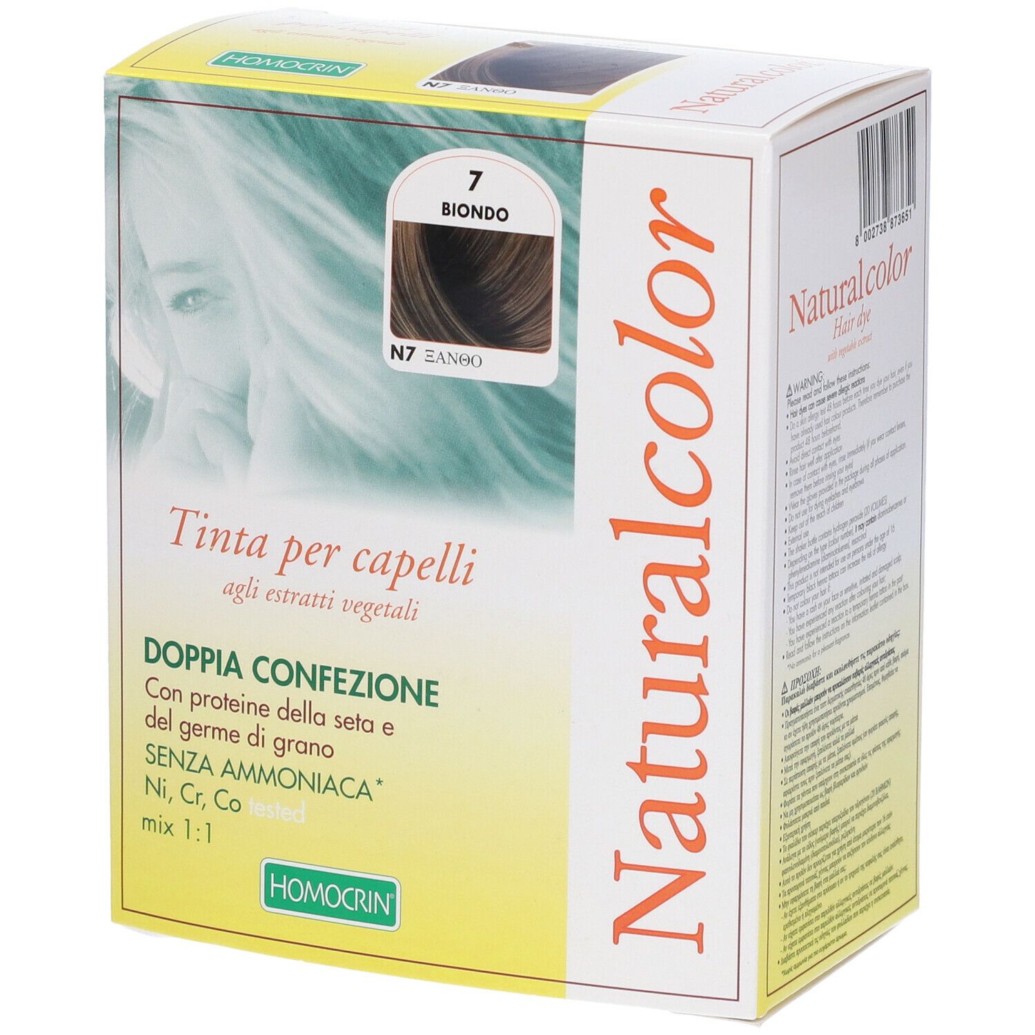Confezione di tinta per capelli 'Naturalcolor'. Colore '7 Biondo'. Scritta 'Doppia Confezione'. Contiene estratti vegetali.