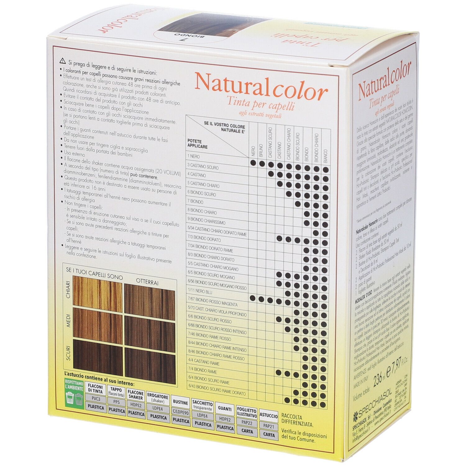 Confezione di tinta per capelli 'Naturalcolor'. Tabella colori con diverse tonalità. Testo sull'uso.