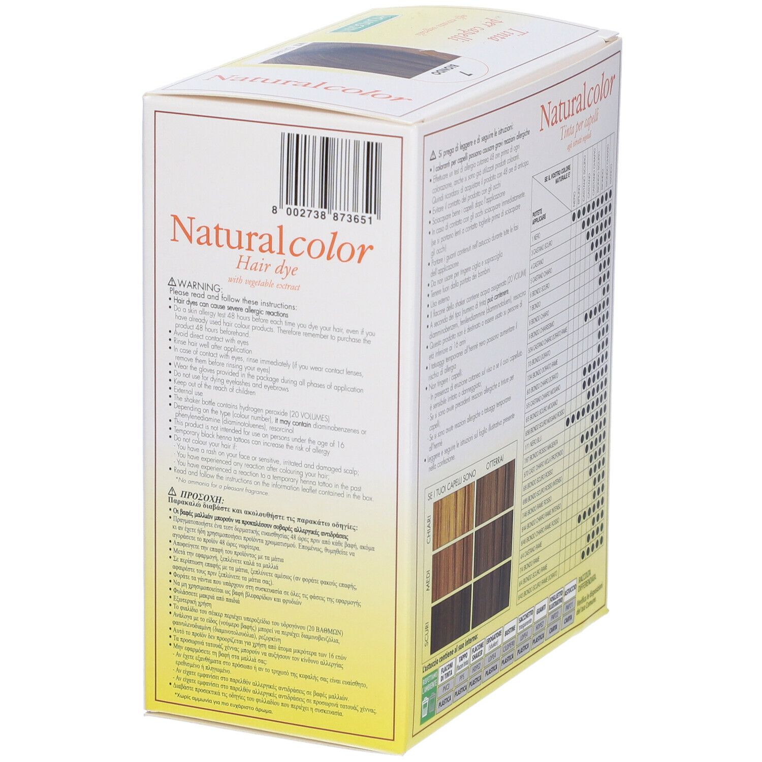 Confezione di tinta per capelli 'Naturalcolor'. Codice a barre e avvertenze. Tabella colori.