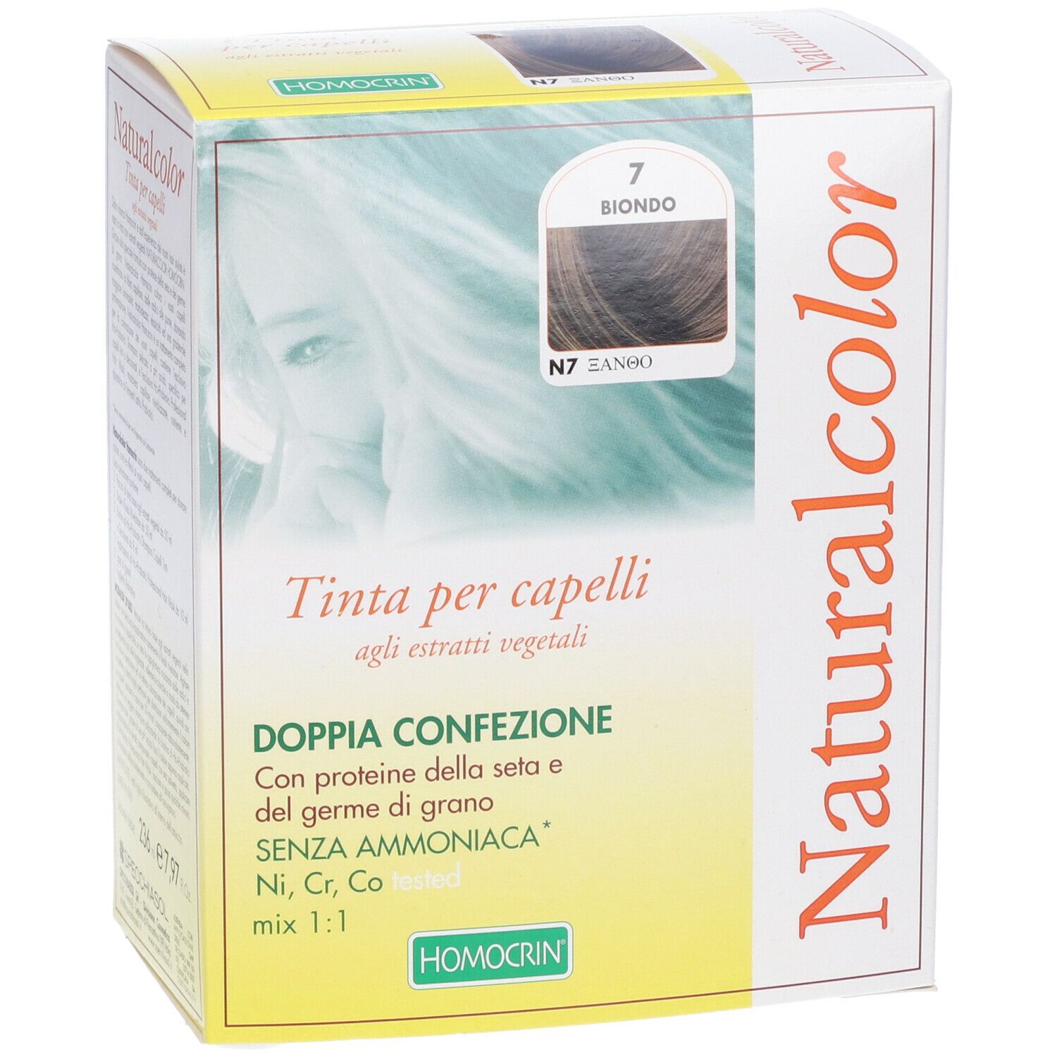 Confezione di tinta per capelli 'Naturalcolor'. Colore '7 Biondo'. Scritta 'Doppia Confezione'.