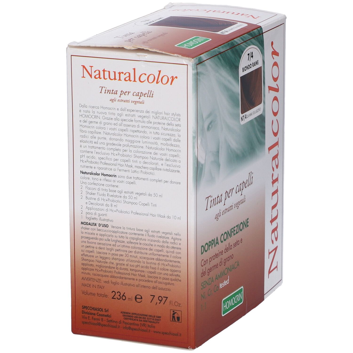 Scatola tinta per capelli Naturalcolor. Tonalità 7/4 Biondo Rame. Testo: Tinta per capelli. Logo Homocrin.